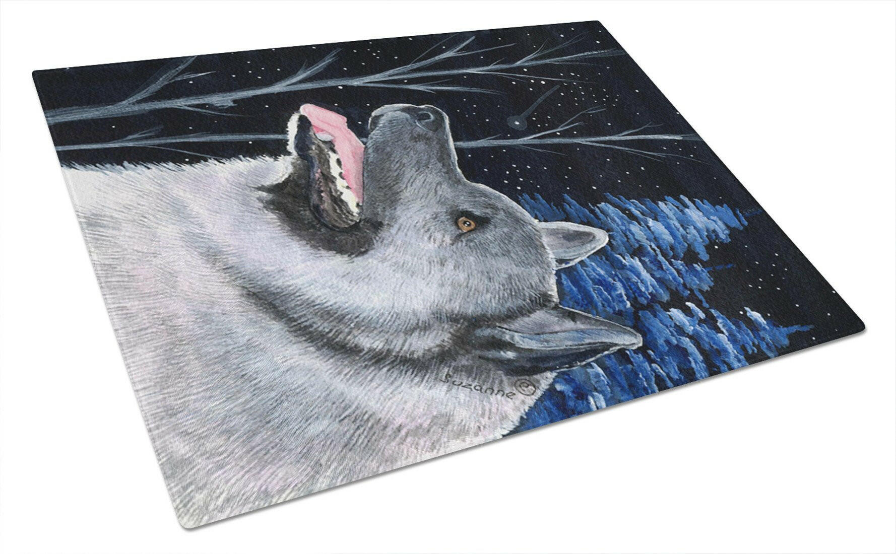 Starry Night Norwegian Elkhound Cutting Board Tempered Glass Kitchen Cutting Surface, Heat Resistant Chopping, Non-Slip Feet, Food Prep & Serving