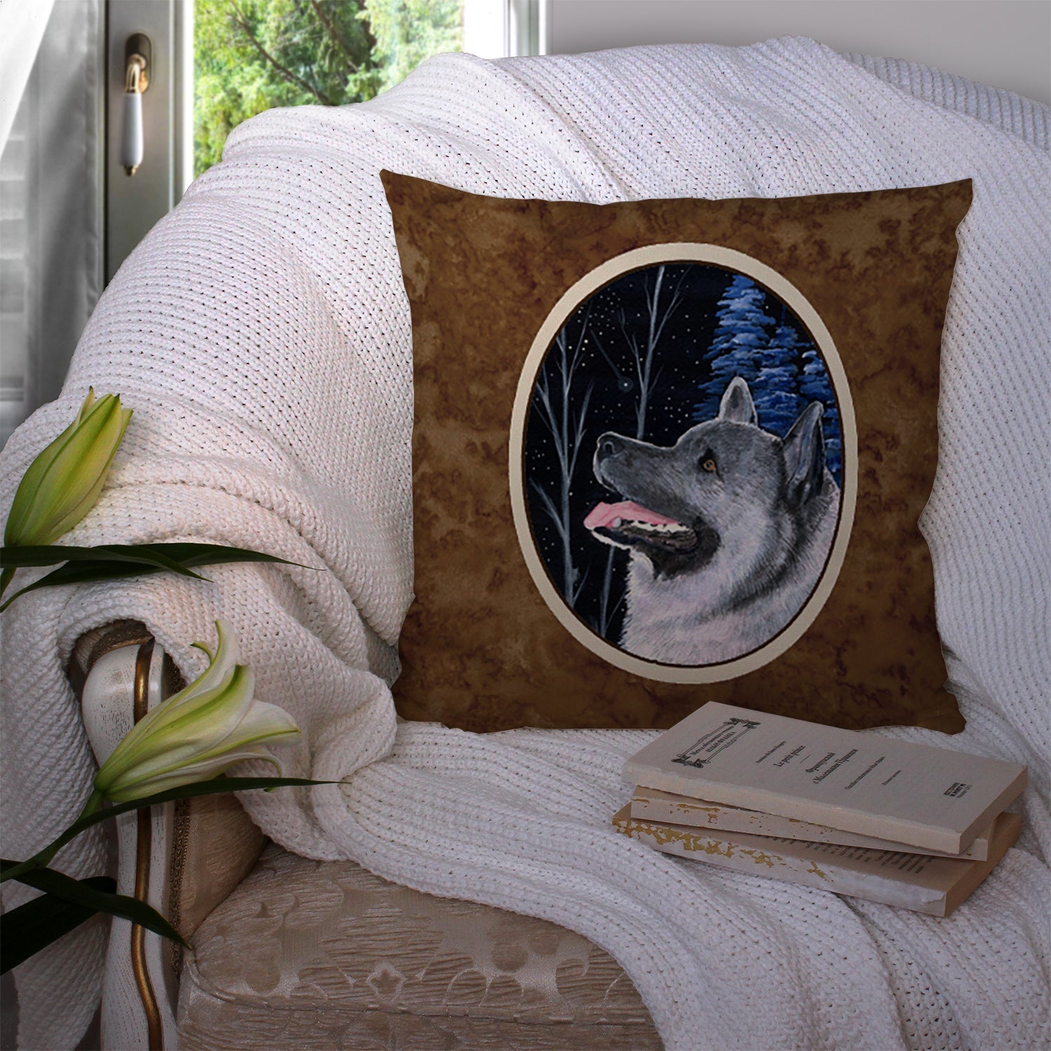 Starry Night Norwegian Elkhound Decorative Throw Pillow 14x14 Indoor Outdoor Accent Cushion, Fabric Cover with Insert for Sofa, Bed, Porch & Living Room