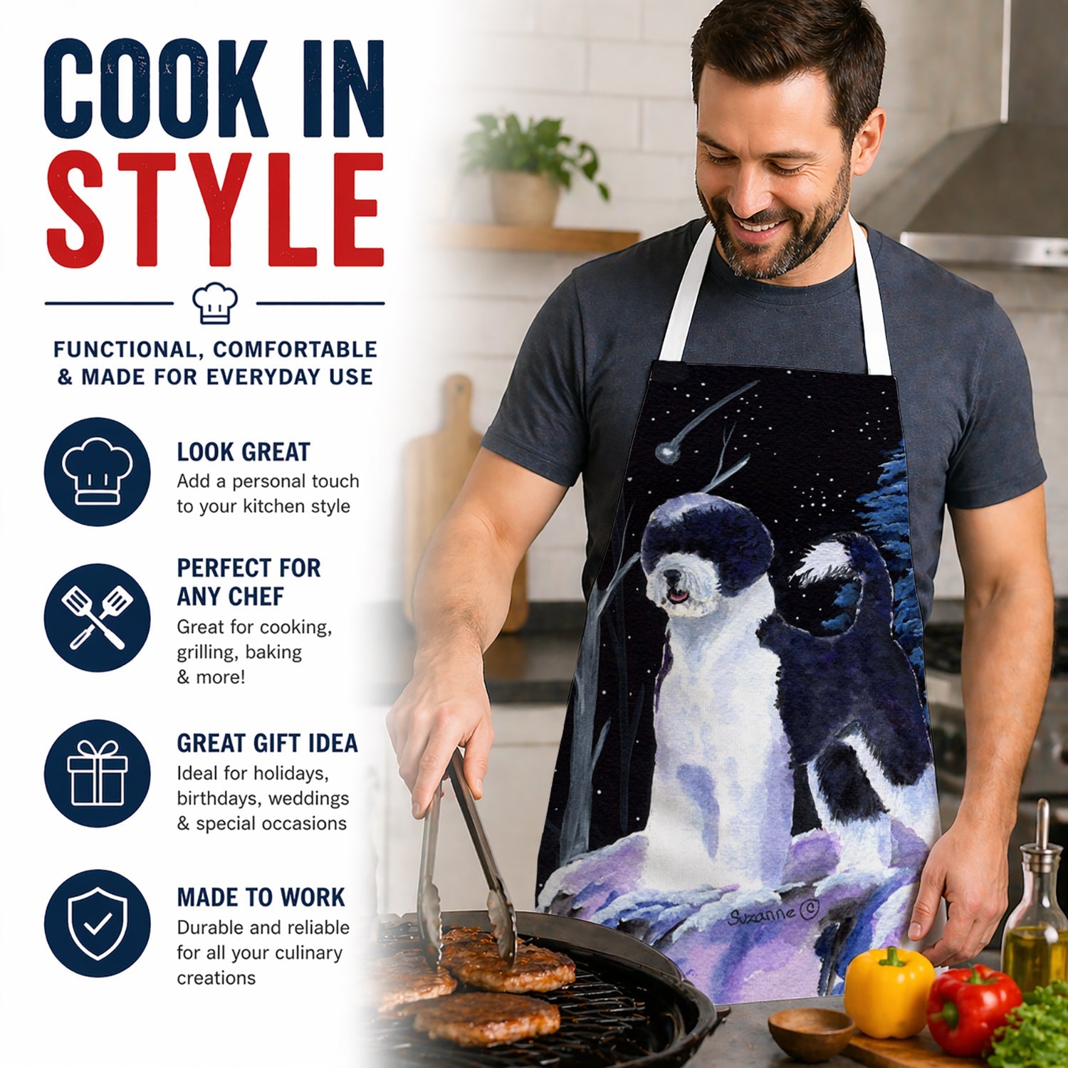 Starry Night Portuguese Water Dog Apron Cooking Kitchen Server Baking Crafts Gardening for Adult Women Men, Unisex, Large, Multicolor
