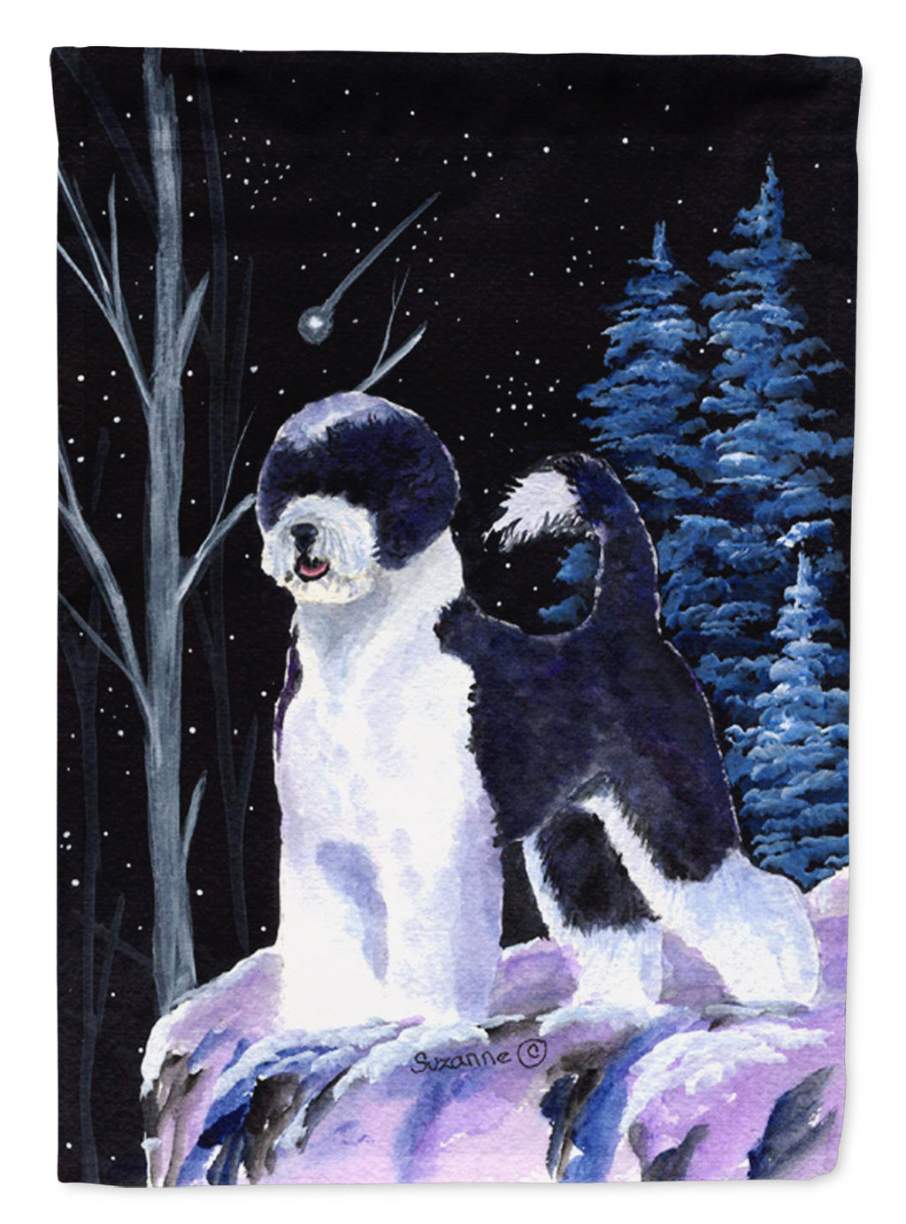 Starry Night Portuguese Water Dog House Flag 28x40 Porch Sleeve Pole Decorative Outside Yard Banner Artwork Wall Hanging, Polyester