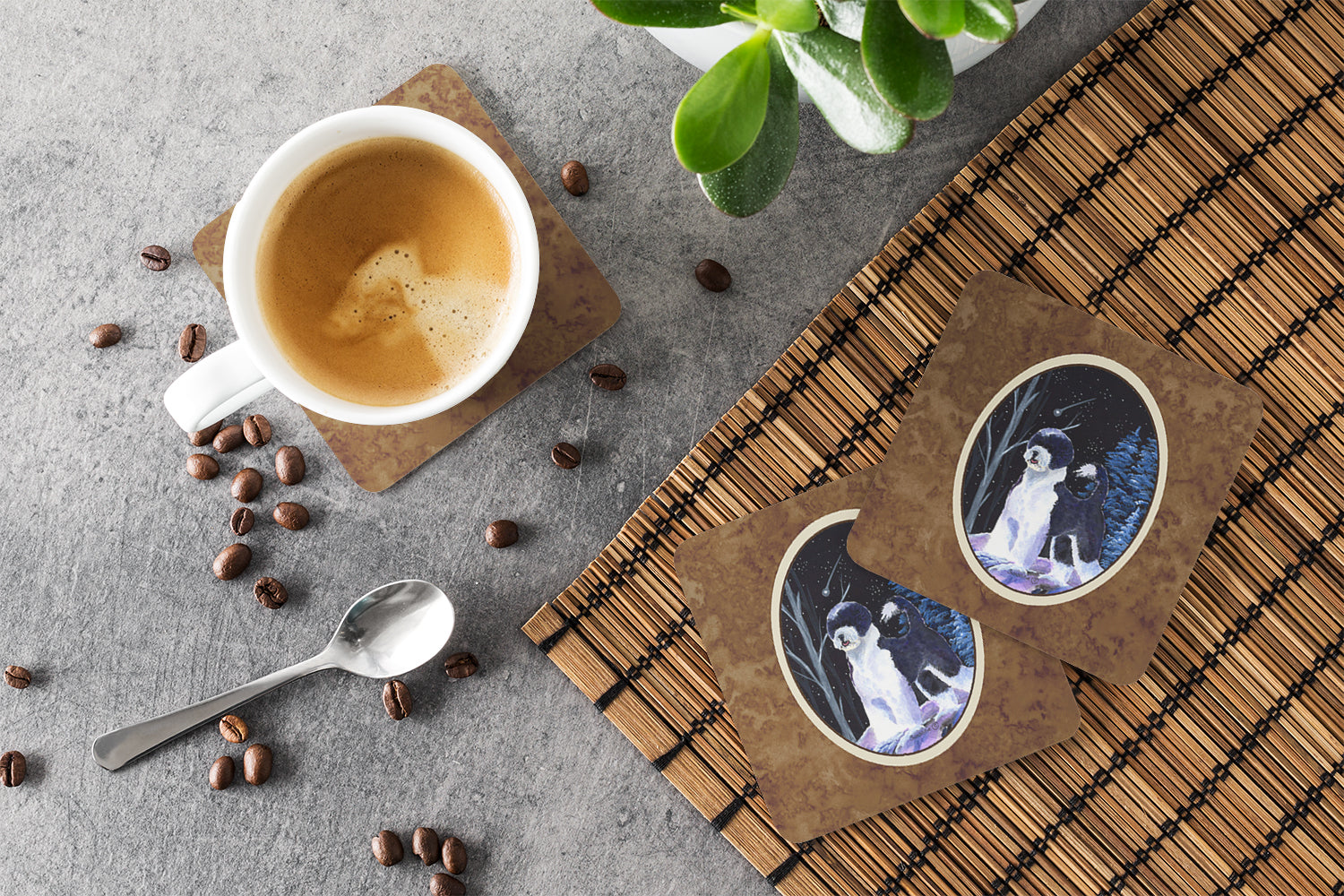 Starry Night Portuguese Water Dog Foam Coasters Set of 4 Cup Coasters for Indoor Outdoor, Tabletop Protection, Anti Slip, Mouse pad Material