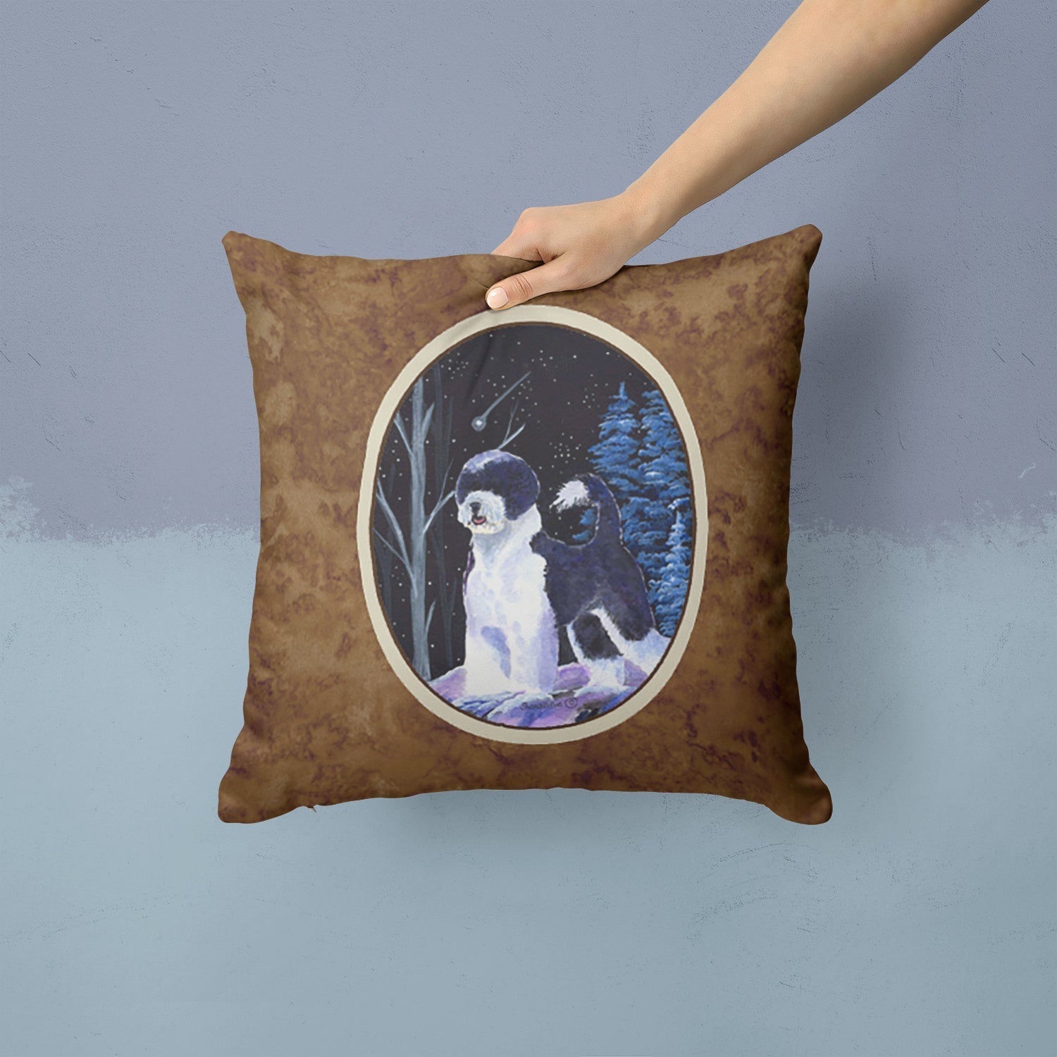 Starry Night Portuguese Water Dog Decorative Throw Pillow 14x14 Indoor Outdoor Accent Cushion, Fabric Cover with Insert for Sofa, Bed, Porch & Living Room