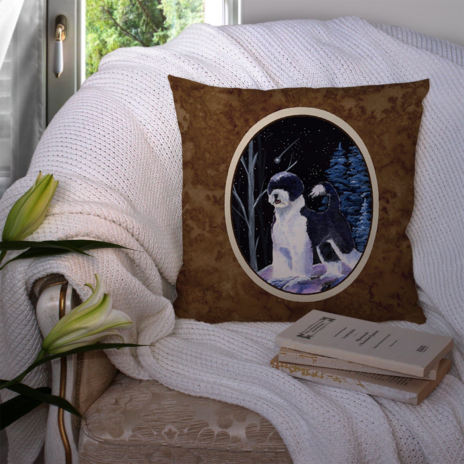 Starry Night Portuguese Water Dog Decorative Throw Pillow 14x14 Indoor Outdoor Accent Cushion, Fabric Cover with Insert for Sofa, Bed, Porch & Living Room