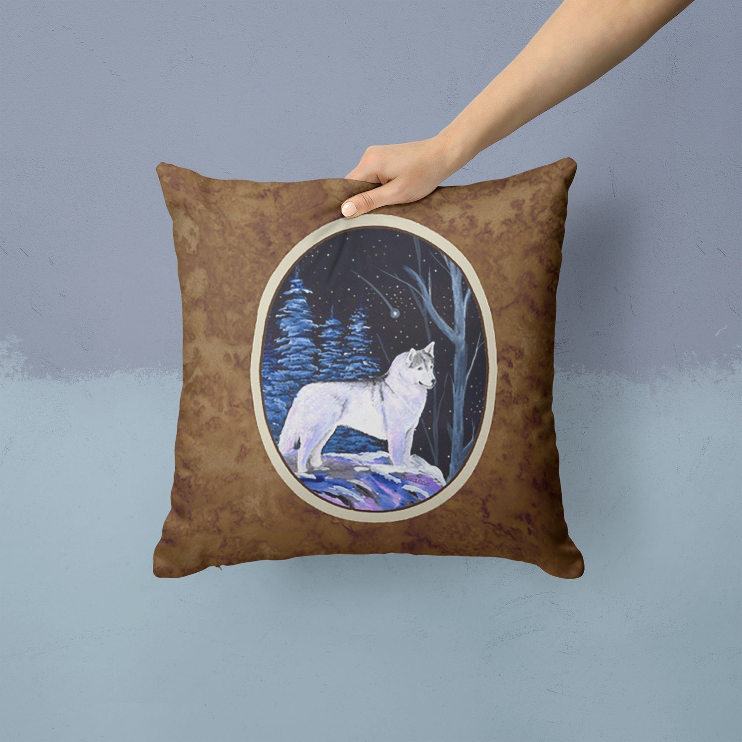 Starry Night Siberian Husky Decorative Throw Pillow 14x14 Indoor Outdoor Accent Cushion, Fabric Cover with Insert for Sofa, Bed, Porch & Living Room
