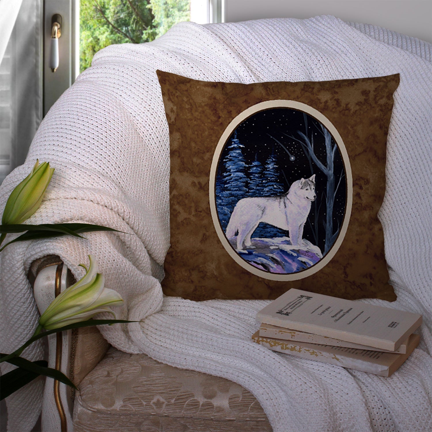 Starry Night Siberian Husky Decorative Throw Pillow 14x14 Indoor Outdoor Accent Cushion, Fabric Cover with Insert for Sofa, Bed, Porch & Living Room