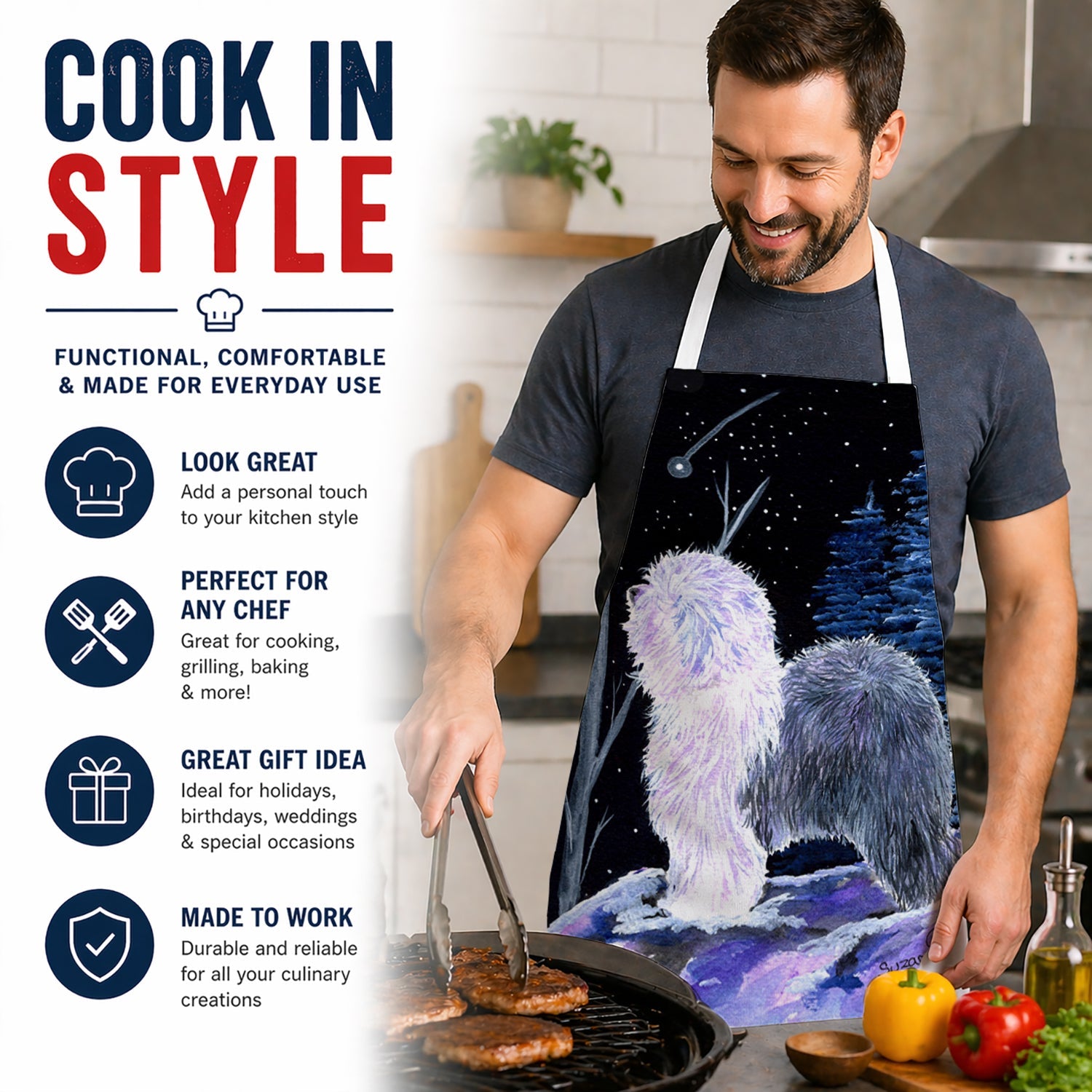 Starry Night Old English Sheepdog Apron Cooking Kitchen Server Baking Crafts Gardening for Adult Women Men, Unisex, Large, Multicolor