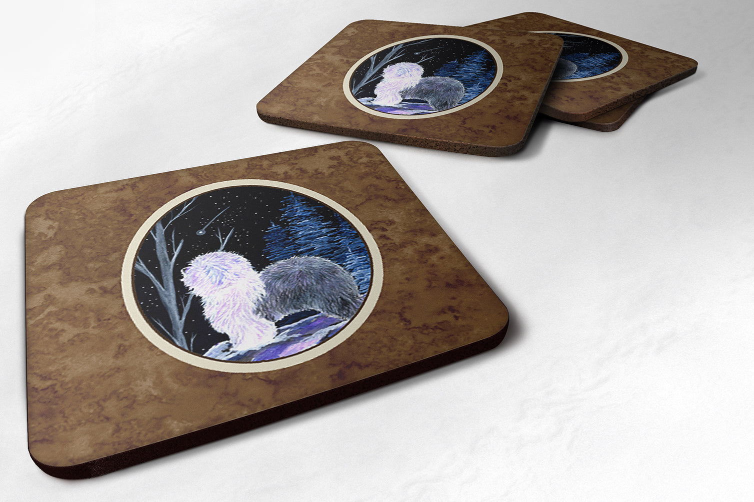 Starry Night Old English Sheepdog Foam Coasters Set of 4 Cup Coasters for Indoor Outdoor, Tabletop Protection, Anti Slip, Mouse pad Material
