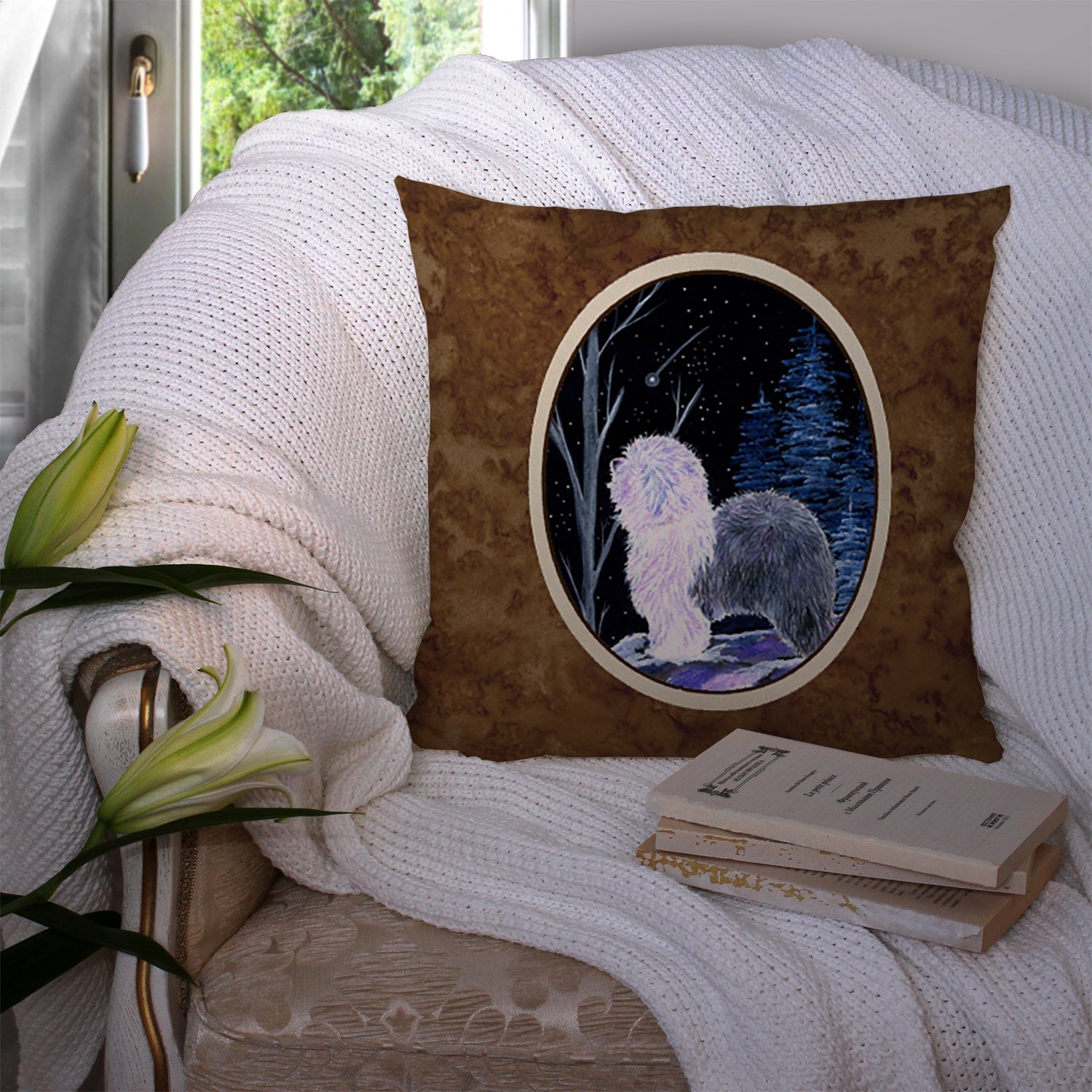 Starry Night Old English Sheepdog Decorative Throw Pillow 14x14 Indoor Outdoor Accent Cushion, Fabric Cover with Insert for Sofa, Bed, Porch & Living Room