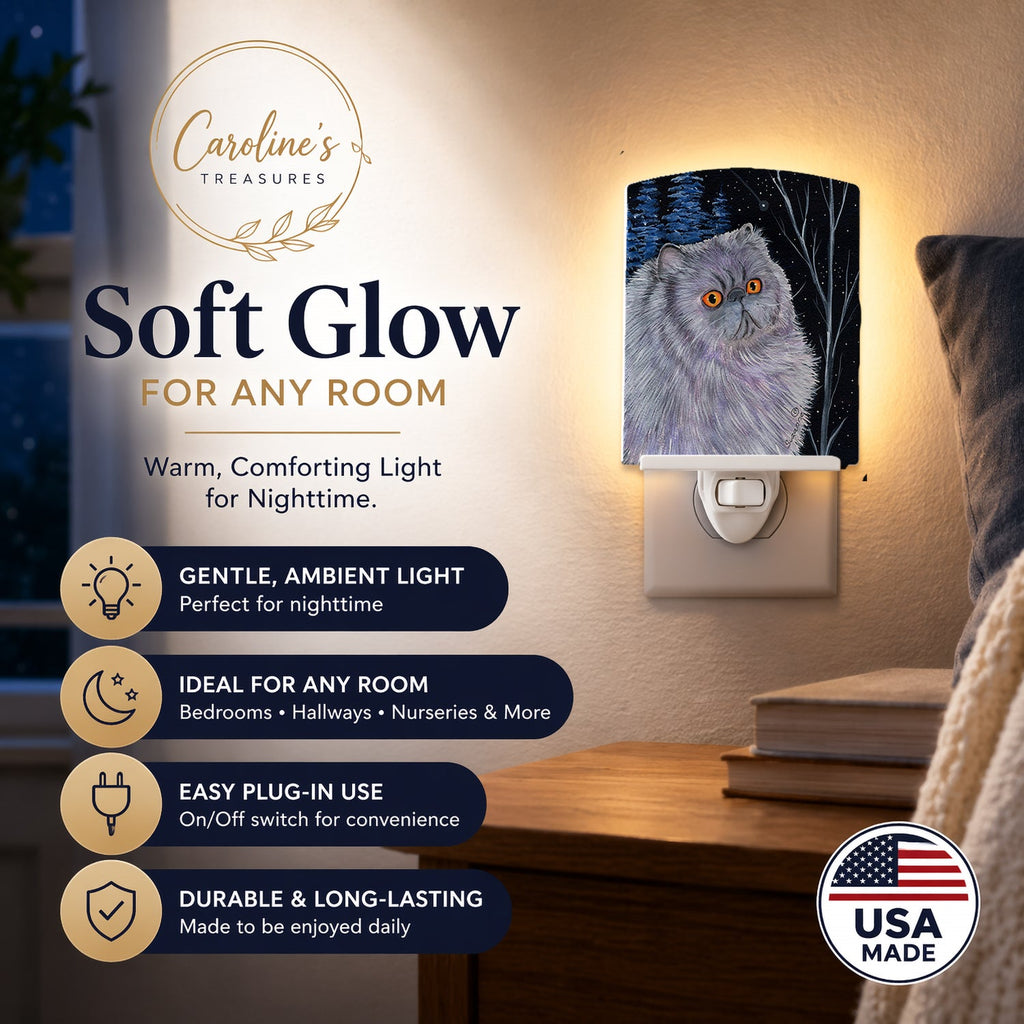 Starry Night Cat - Persian Ceramic Night Light Compact, UL-Certified, Ideal for Bedroom, Bathroom, Nursery, Hallway, Kitchen, 6x4x3, Multicolor