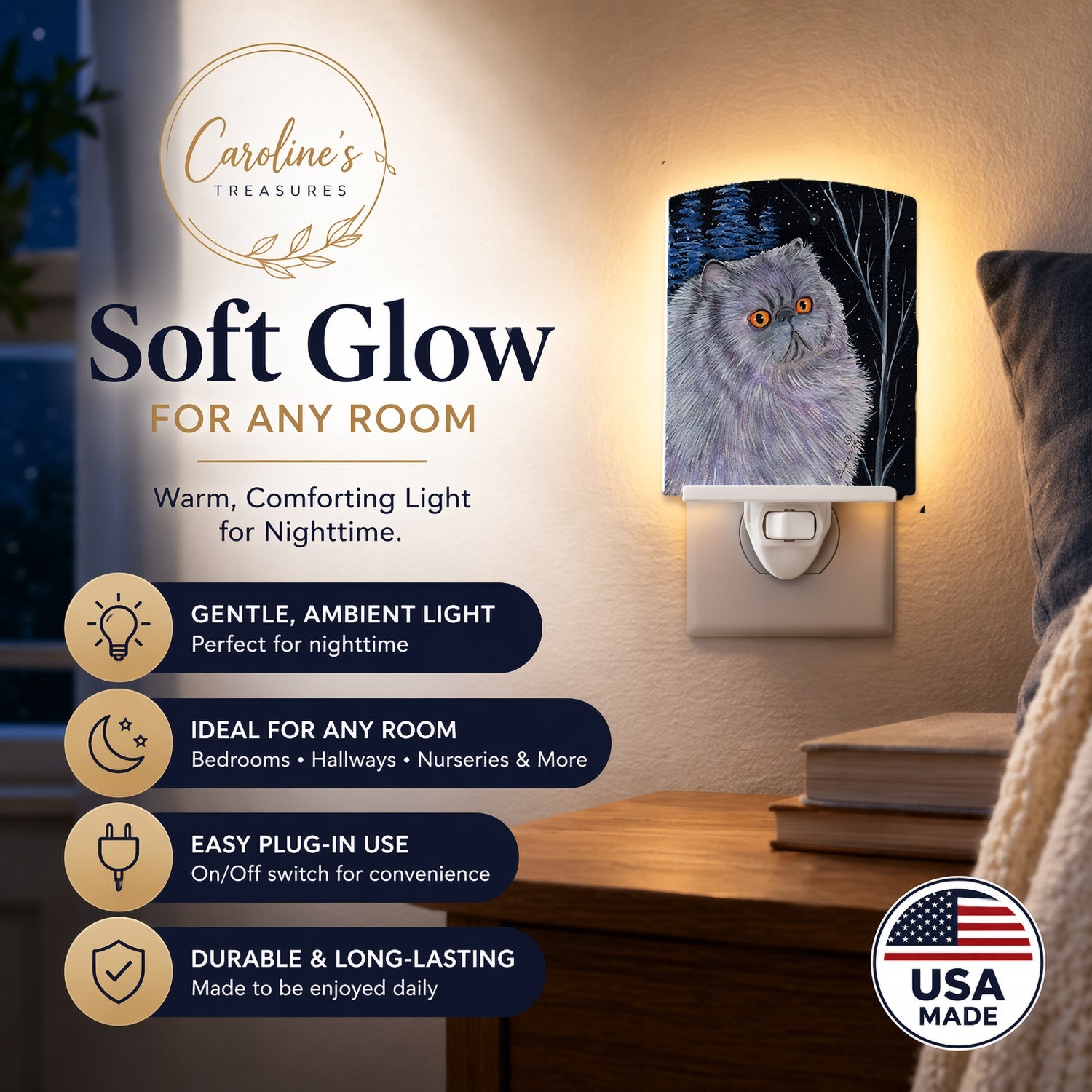 Starry Night Cat - Persian Ceramic Night Light Compact, UL-Certified, Ideal for Bedroom, Bathroom, Nursery, Hallway, Kitchen, 6x4x3, Multicolor