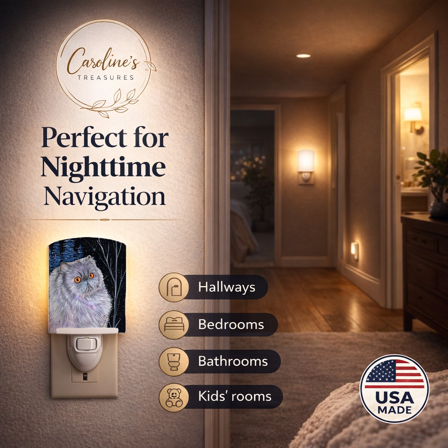 Starry Night Cat - Persian Ceramic Night Light Compact, UL-Certified, Ideal for Bedroom, Bathroom, Nursery, Hallway, Kitchen, 6x4x3, Multicolor
