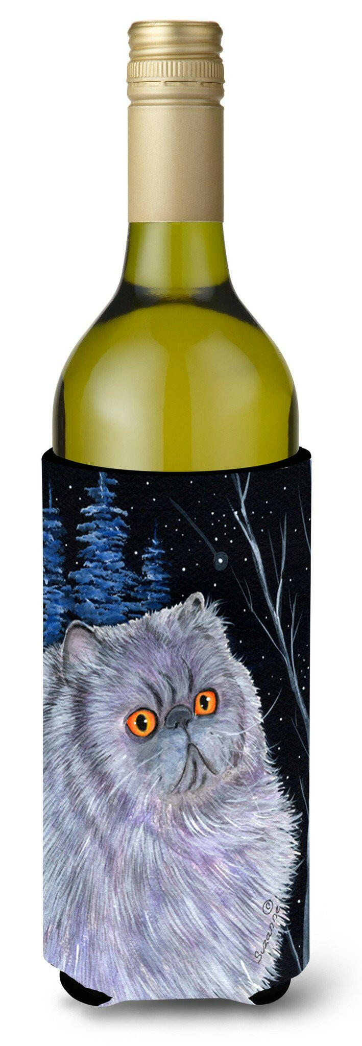 Starry Night Cat - Persian Wine Bottle Hugger Gift Sleeve for Standard 750 ml Bottles, Insulated Reusable Also Fits Mini Shot & Pint Bottles