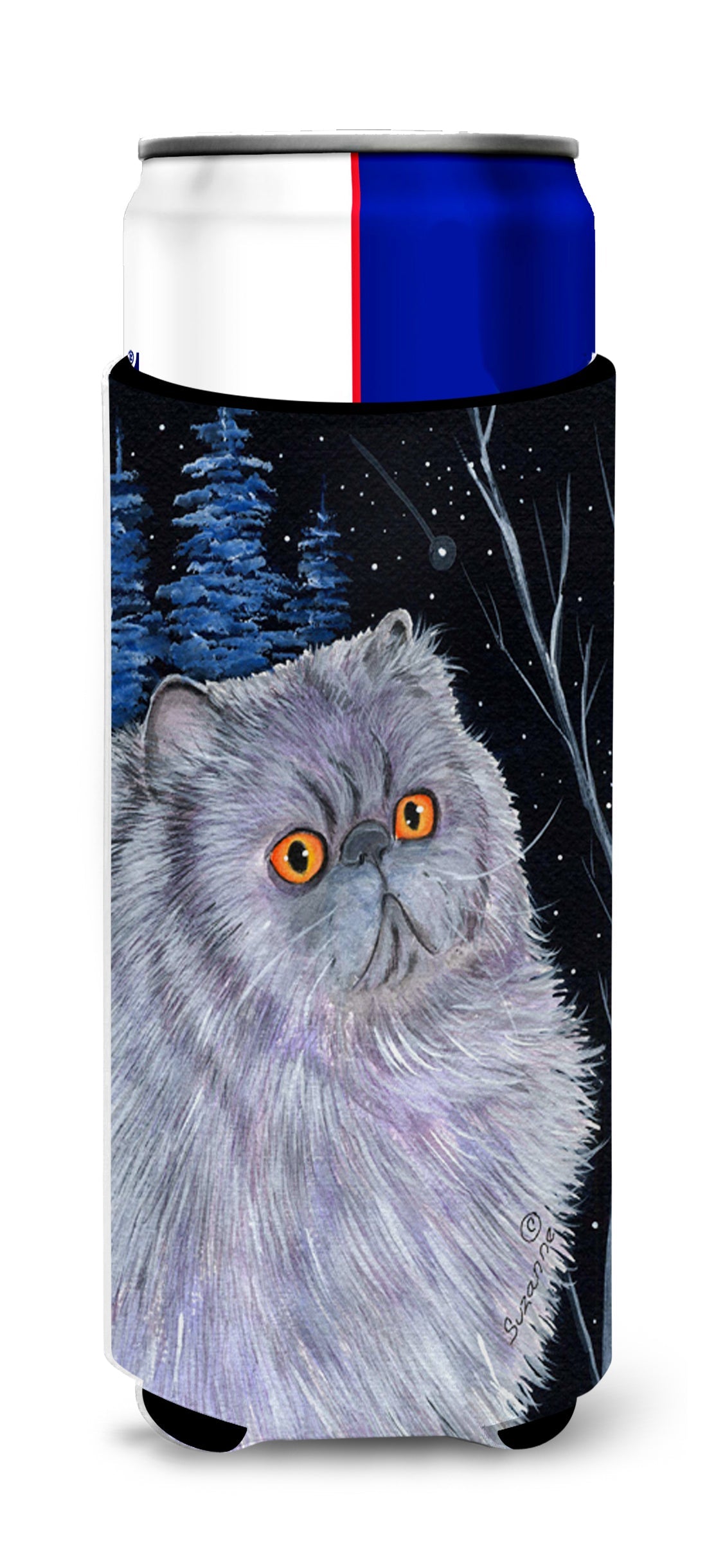 Starry Night Cat - Persian Slim Can Hugger , Insulated Foam Hugger for 12 oz Slim Cans, Beer Bottles & Water Bottles, Printed in USA