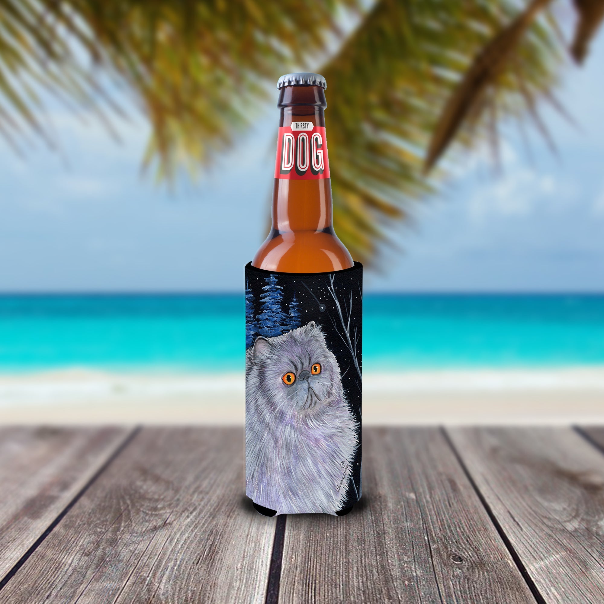 Starry Night Cat - Persian Slim Can Hugger , Insulated Foam Hugger for 12 oz Slim Cans, Beer Bottles & Water Bottles, Printed in USA