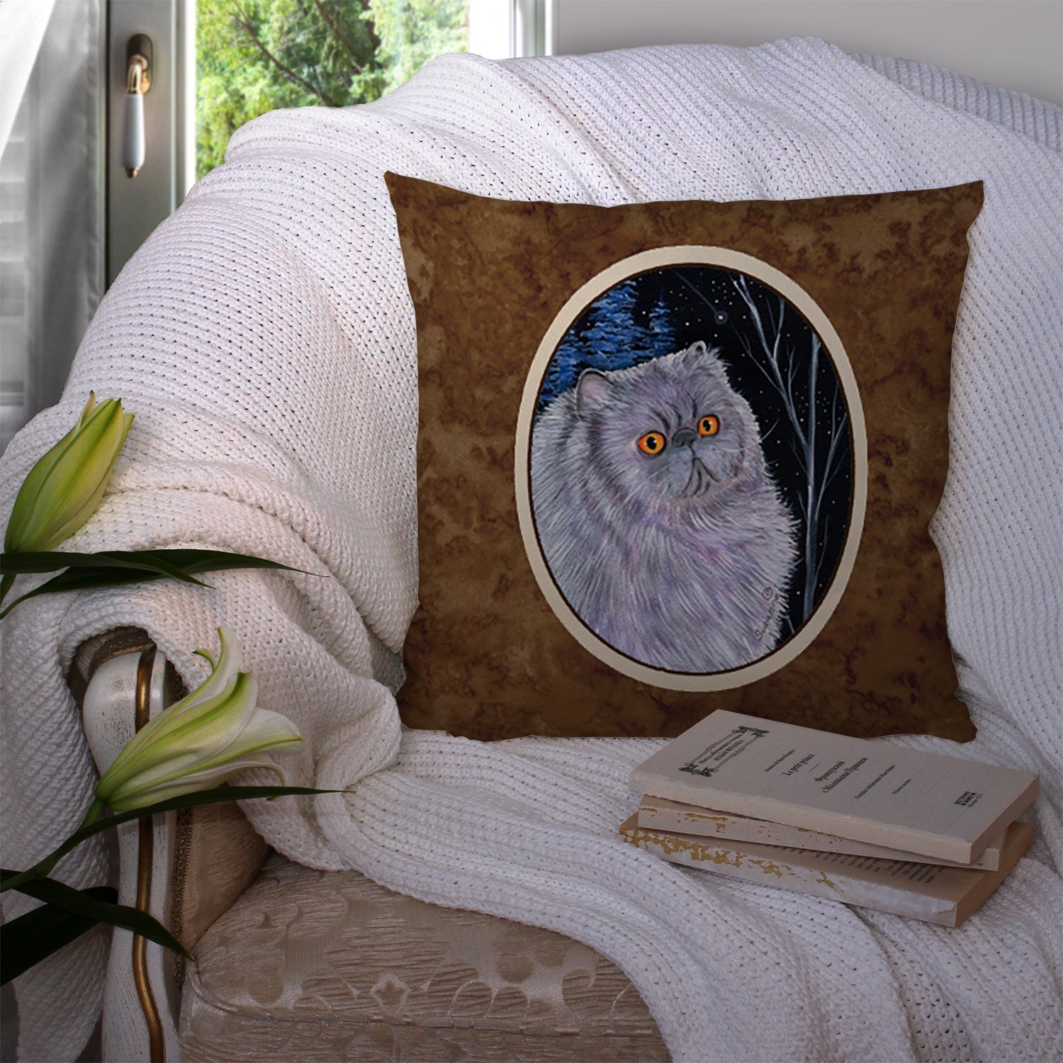 Starry Night Cat - Persian Decorative Throw Pillow 14x14 Indoor Outdoor Accent Cushion, Fabric Cover with Insert for Sofa, Bed, Porch & Living Room