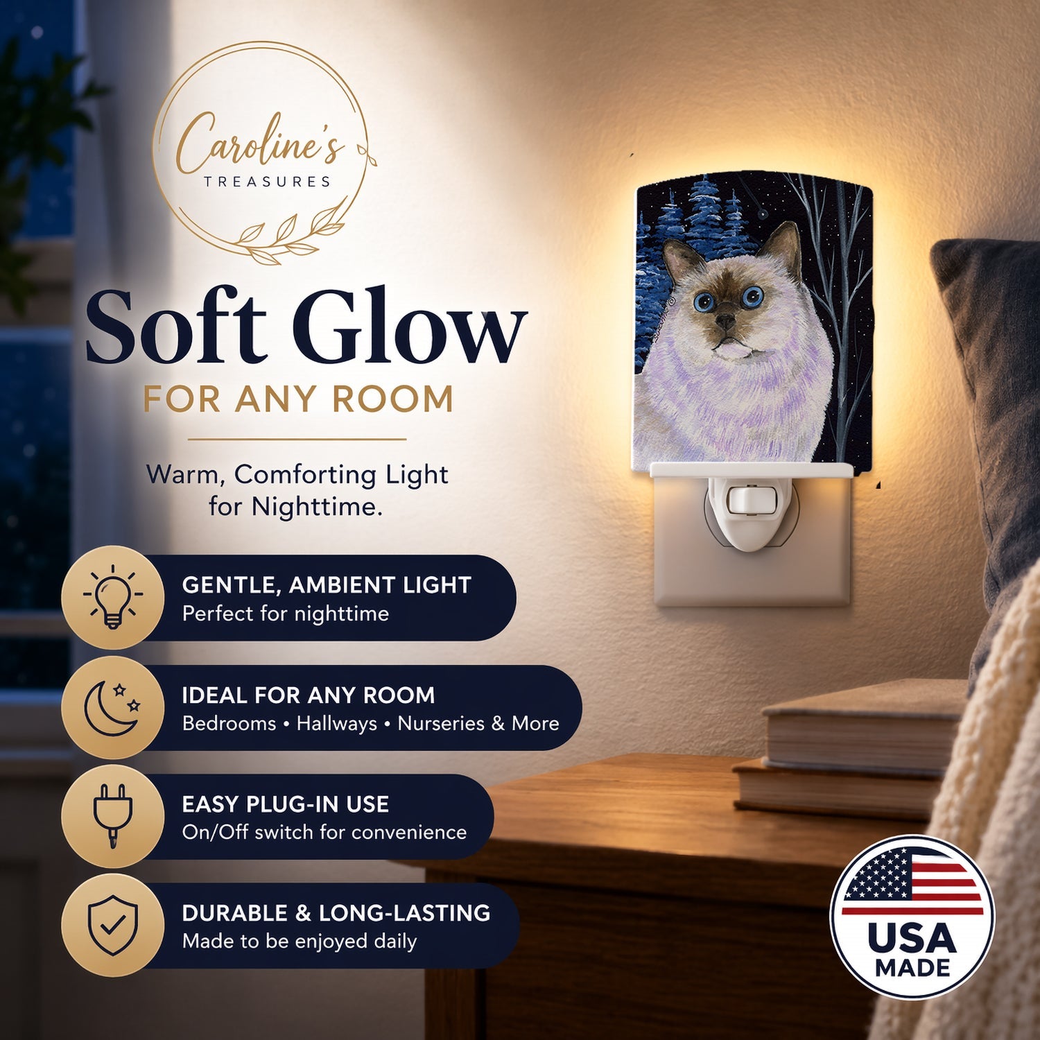 Starry Night Cat - Birman Ceramic Night Light Compact, UL-Certified, Ideal for Bedroom, Bathroom, Nursery, Hallway, Kitchen, 6x4x3, Multicolor