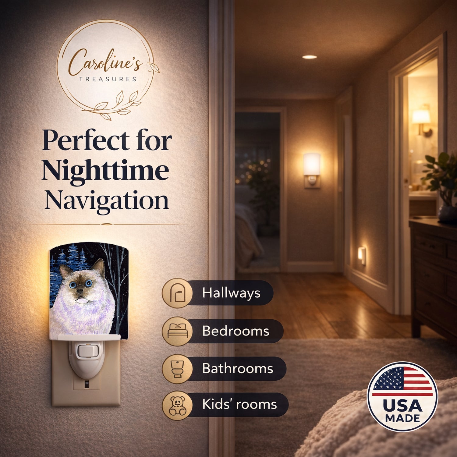 Starry Night Cat - Birman Ceramic Night Light Compact, UL-Certified, Ideal for Bedroom, Bathroom, Nursery, Hallway, Kitchen, 6x4x3, Multicolor