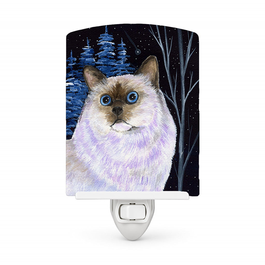 Starry Night Cat - Birman Ceramic Night Light Compact, UL-Certified, Ideal for Bedroom, Bathroom, Nursery, Hallway, Kitchen, 6x4x3, Multicolor