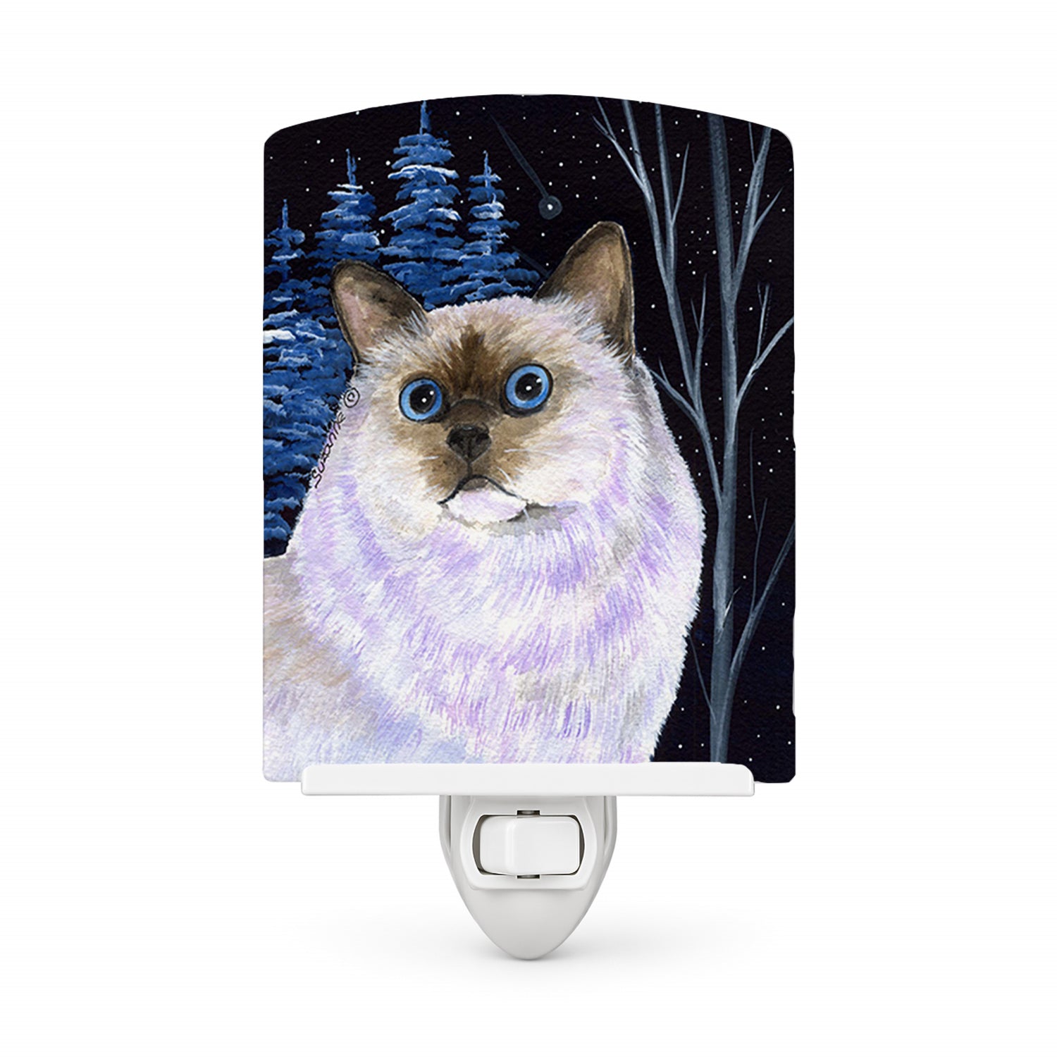 Starry Night Cat - Birman Ceramic Night Light Compact, UL-Certified, Ideal for Bedroom, Bathroom, Nursery, Hallway, Kitchen, 6x4x3, Multicolor