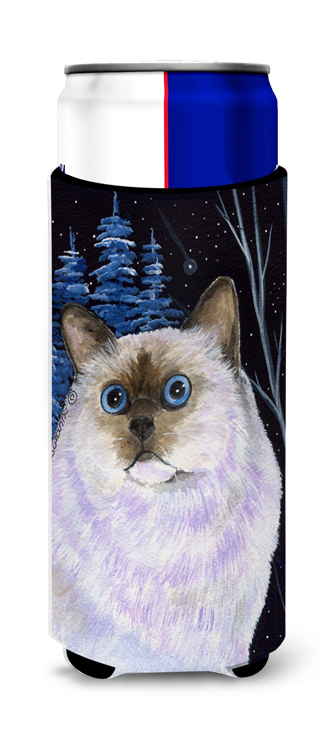 Starry Night Cat - Birman Slim Can Hugger , Insulated Foam Hugger for 12 oz Slim Cans, Beer Bottles & Water Bottles, Printed in USA