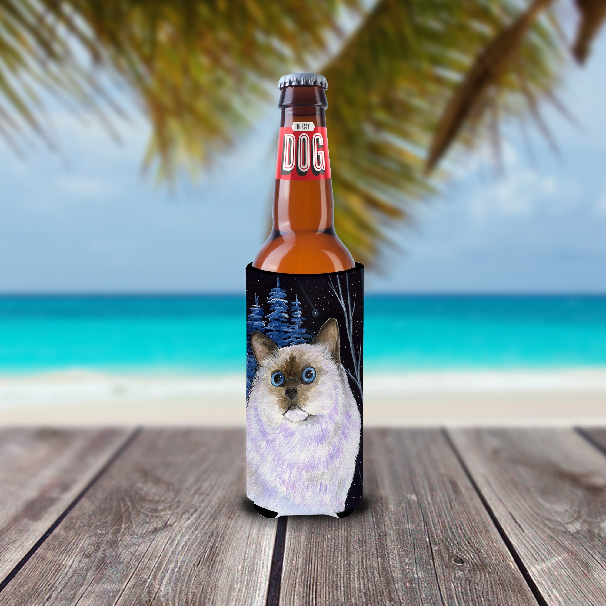 Starry Night Cat - Birman Slim Can Hugger , Insulated Foam Hugger for 12 oz Slim Cans, Beer Bottles & Water Bottles, Printed in USA