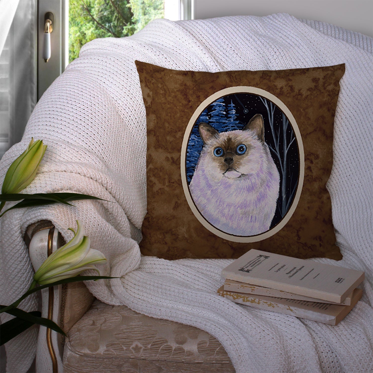 Starry Night Cat - Birman Decorative Throw Pillow 14x14 Indoor Outdoor Accent Cushion, Fabric Cover with Insert for Sofa, Bed, Porch & Living Room