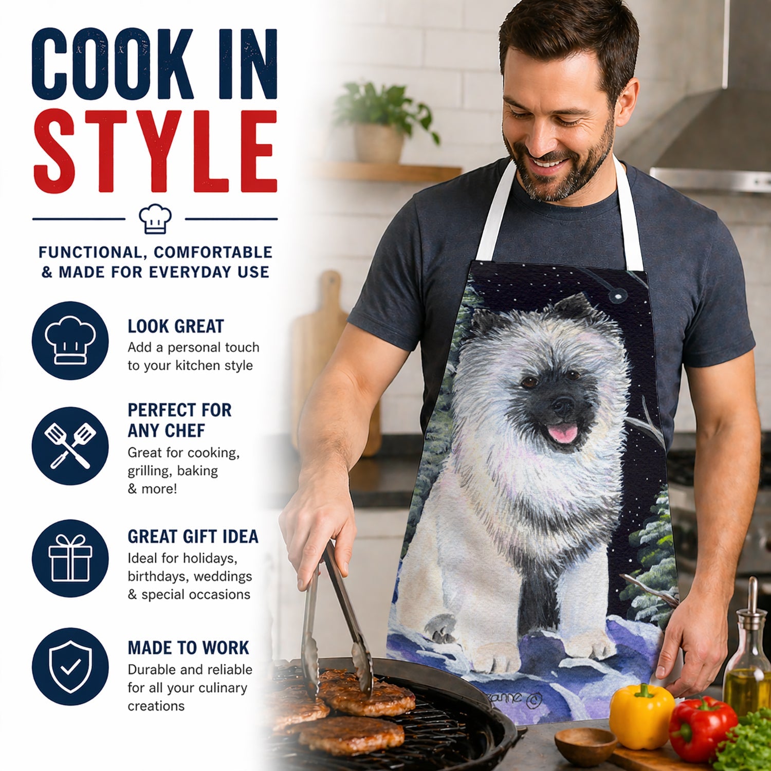 Starry Night Keeshond Apron Cooking Kitchen Server Baking Crafts Gardening for Adult Women Men, Unisex, Large, Multicolor