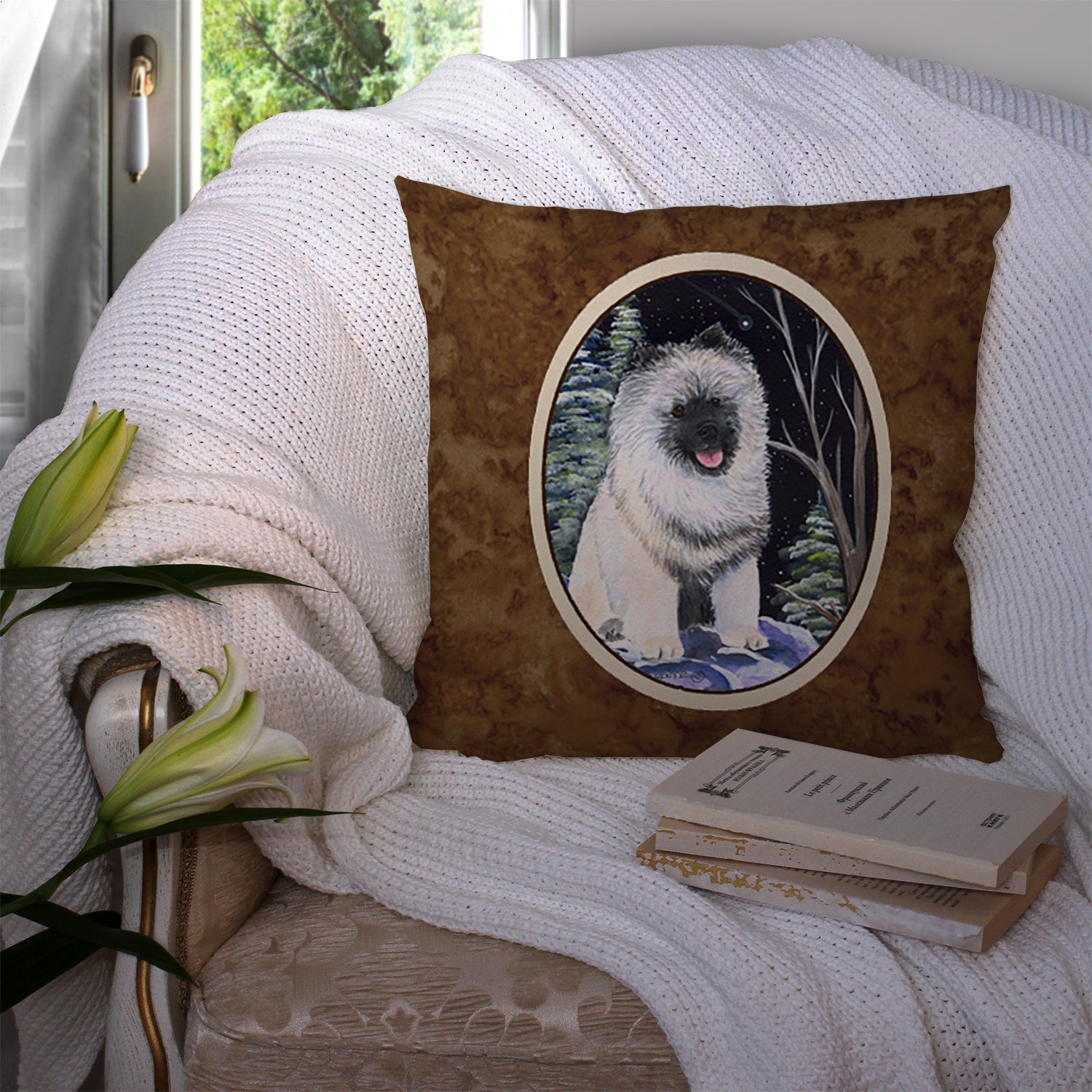 Starry Night Keeshond Decorative Throw Pillow 14x14 Indoor Outdoor Accent Cushion, Fabric Cover with Insert for Sofa, Bed, Porch & Living Room