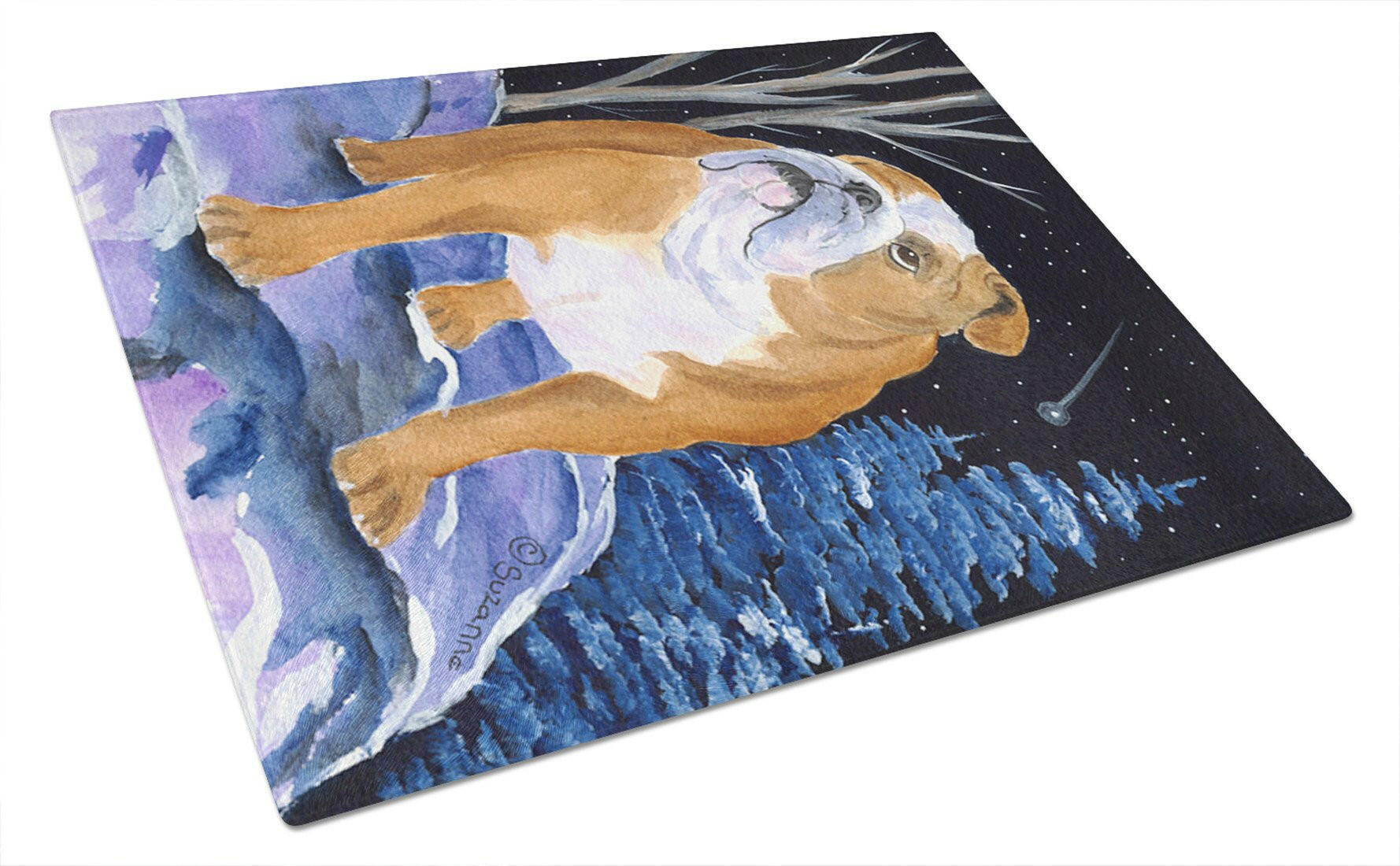 Starry Night English Bulldog Cutting Board Tempered Glass Kitchen Cutting Surface, Heat Resistant Chopping, Non-Slip Feet, Food Prep & Serving