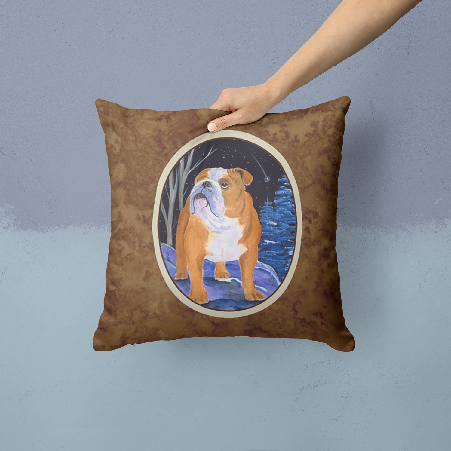 Starry Night English Bulldog Decorative Throw Pillow 14x14 Indoor Outdoor Accent Cushion, Fabric Cover with Insert for Sofa, Bed, Porch & Living Room