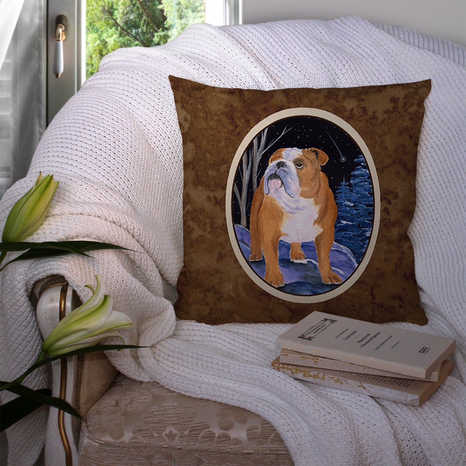 Starry Night English Bulldog Decorative Throw Pillow 14x14 Indoor Outdoor Accent Cushion, Fabric Cover with Insert for Sofa, Bed, Porch & Living Room