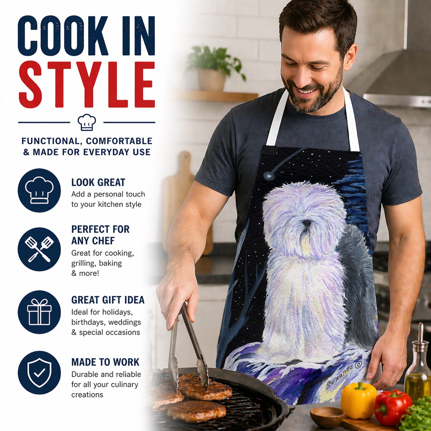 Starry Night Old English Sheepdog Apron Cooking Kitchen Server Baking Crafts Gardening for Adult Women Men, Unisex, Large, Multicolor