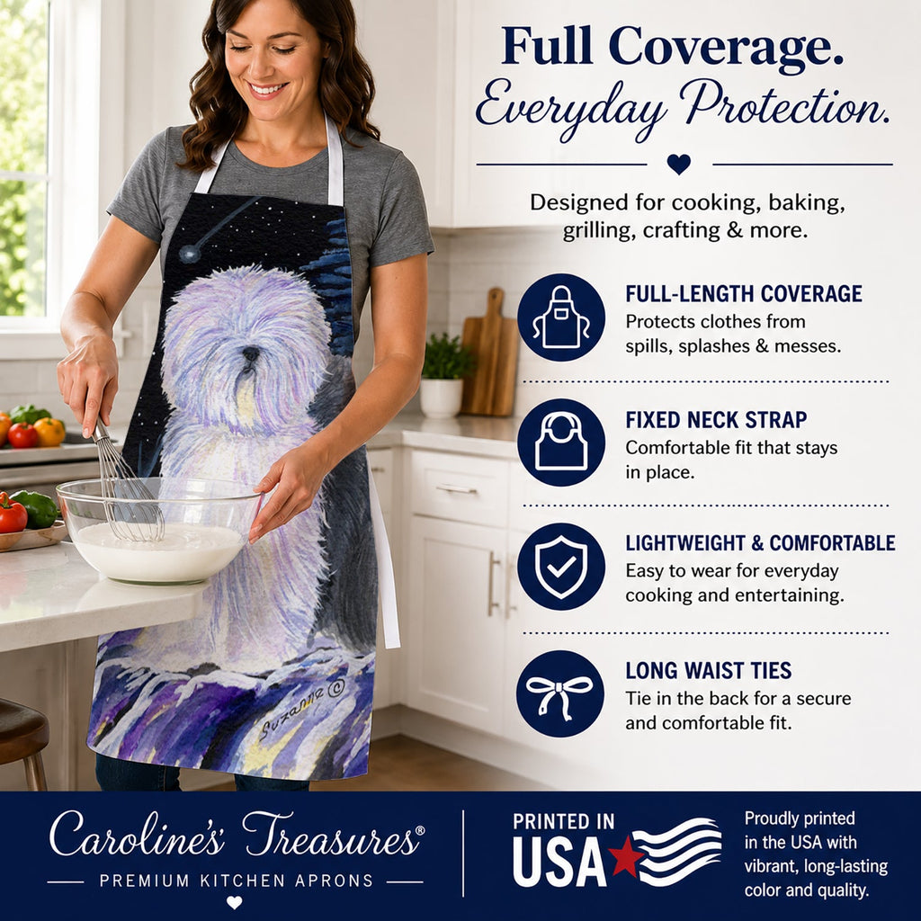 Starry Night Old English Sheepdog Apron Cooking Kitchen Server Baking Crafts Gardening for Adult Women Men, Unisex, Large, Multicolor