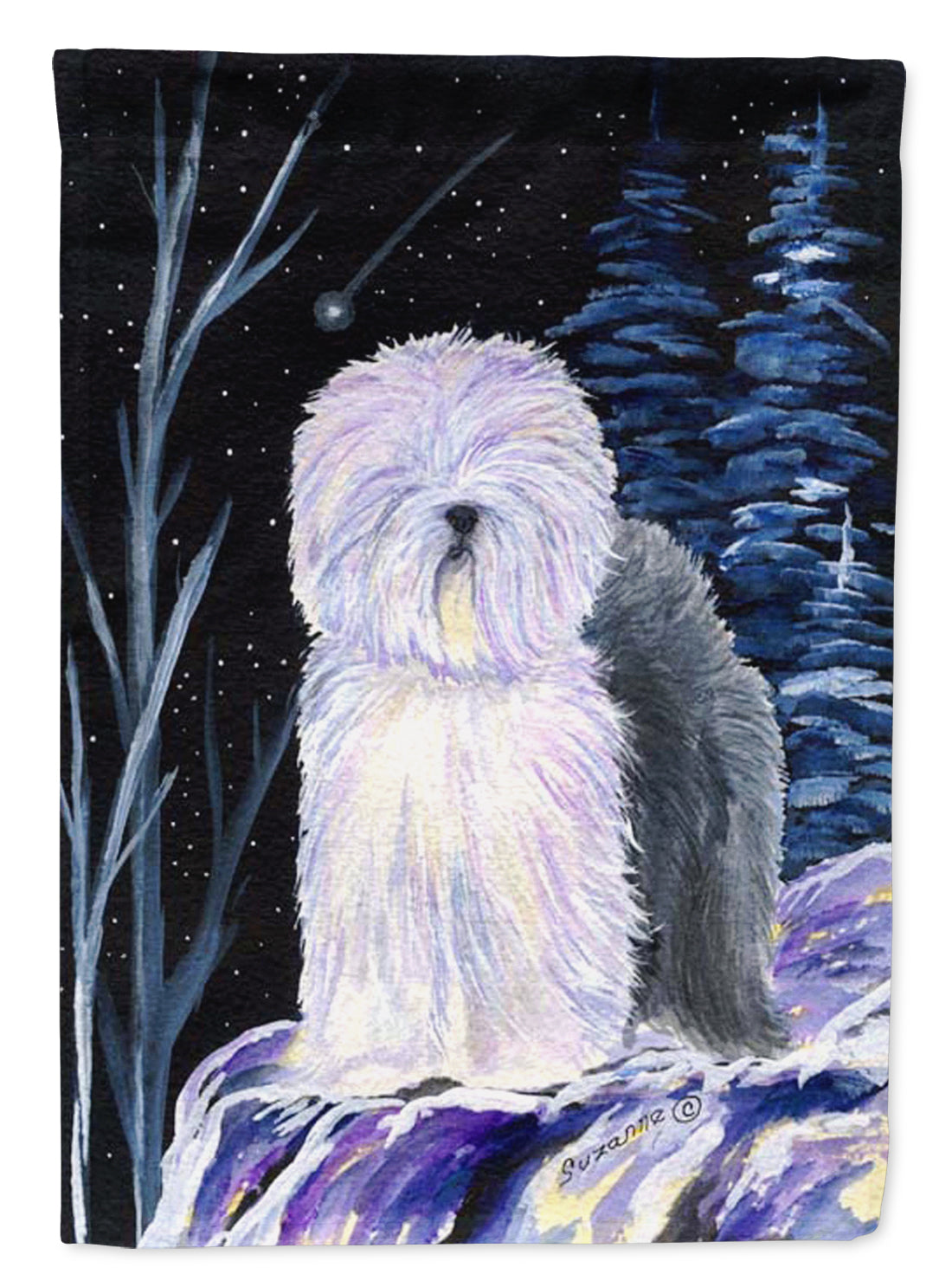 Starry Night Old English Sheepdog House Flag 28x40 Porch Sleeve Pole Decorative Outside Yard Banner Artwork Wall Hanging, Polyester