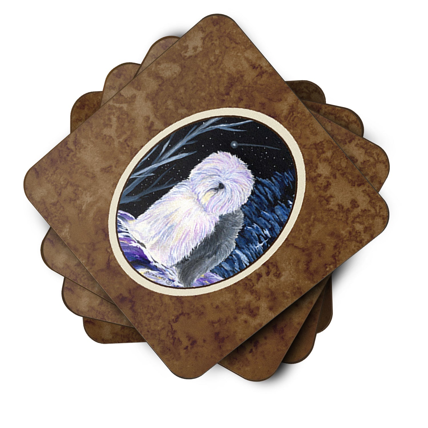 Starry Night Old English Sheepdog Foam Coasters Set of 4 Cup Coasters for Indoor Outdoor, Tabletop Protection, Anti Slip, Mouse pad Material