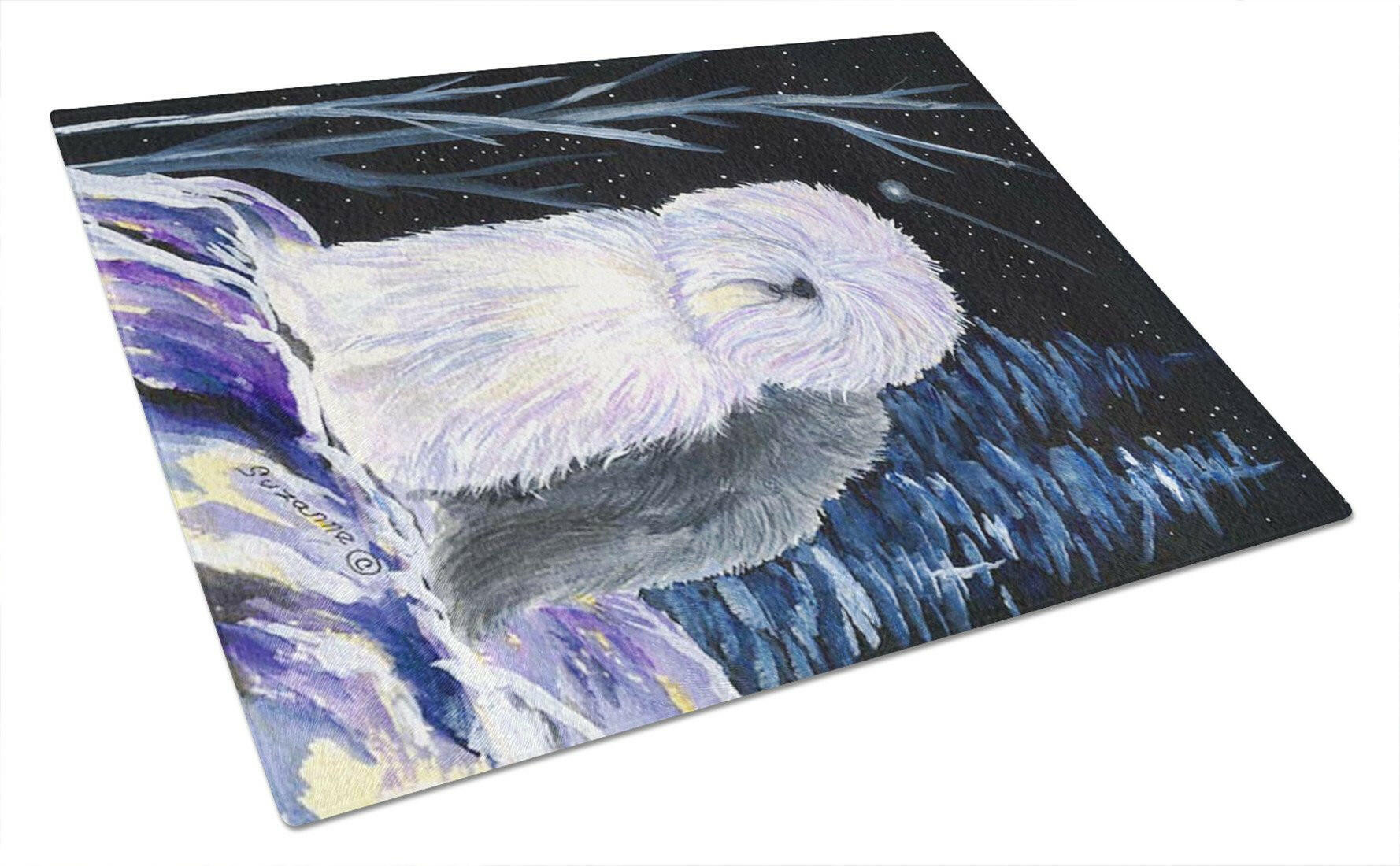 Starry Night Old English Sheepdog Cutting Board Tempered Glass Kitchen Cutting Surface, Heat Resistant Chopping, Non-Slip Feet, Food Prep & Serving