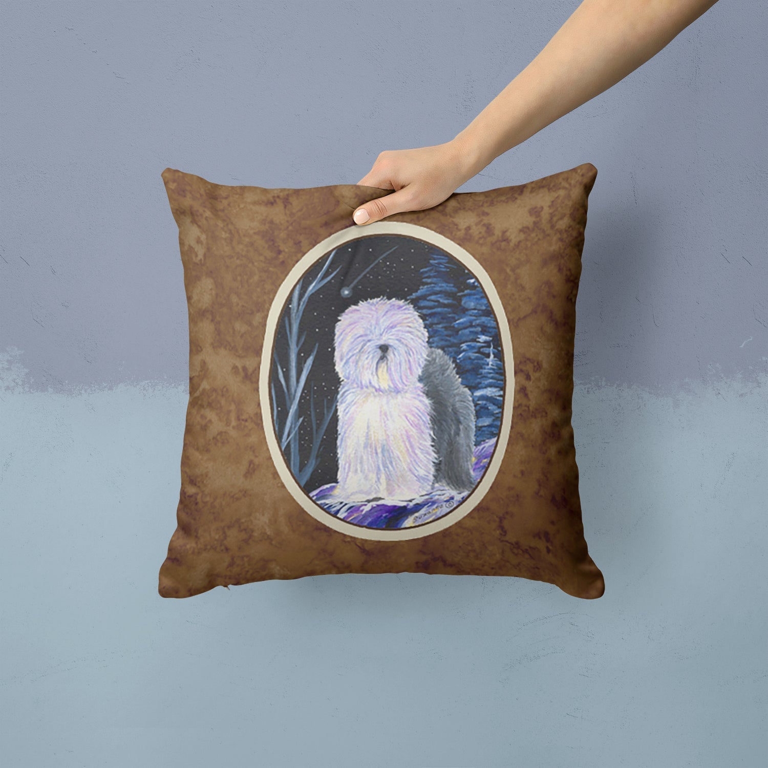 Starry Night Old English Sheepdog Decorative Throw Pillow 14x14 Indoor Outdoor Accent Cushion, Fabric Cover with Insert for Sofa, Bed, Porch & Living Room