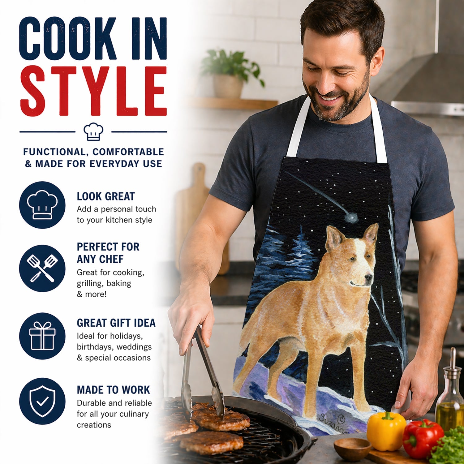 Starry Night Australian Cattle Dog Apron Cooking Kitchen Server Baking Crafts Gardening for Adult Women Men, Unisex, Large, Multicolor