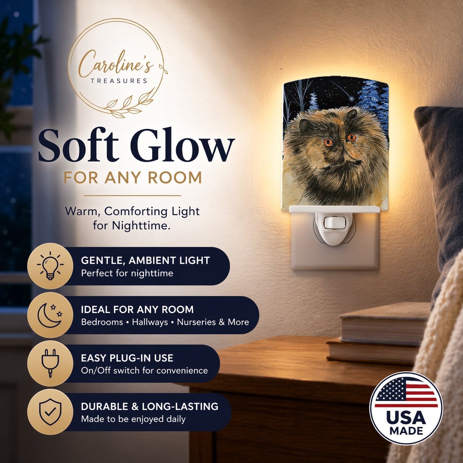 Starry Night Cat - Persian Ceramic Night Light Compact, UL-Certified, Ideal for Bedroom, Bathroom, Nursery, Hallway, Kitchen, 6x4x3, Multicolor