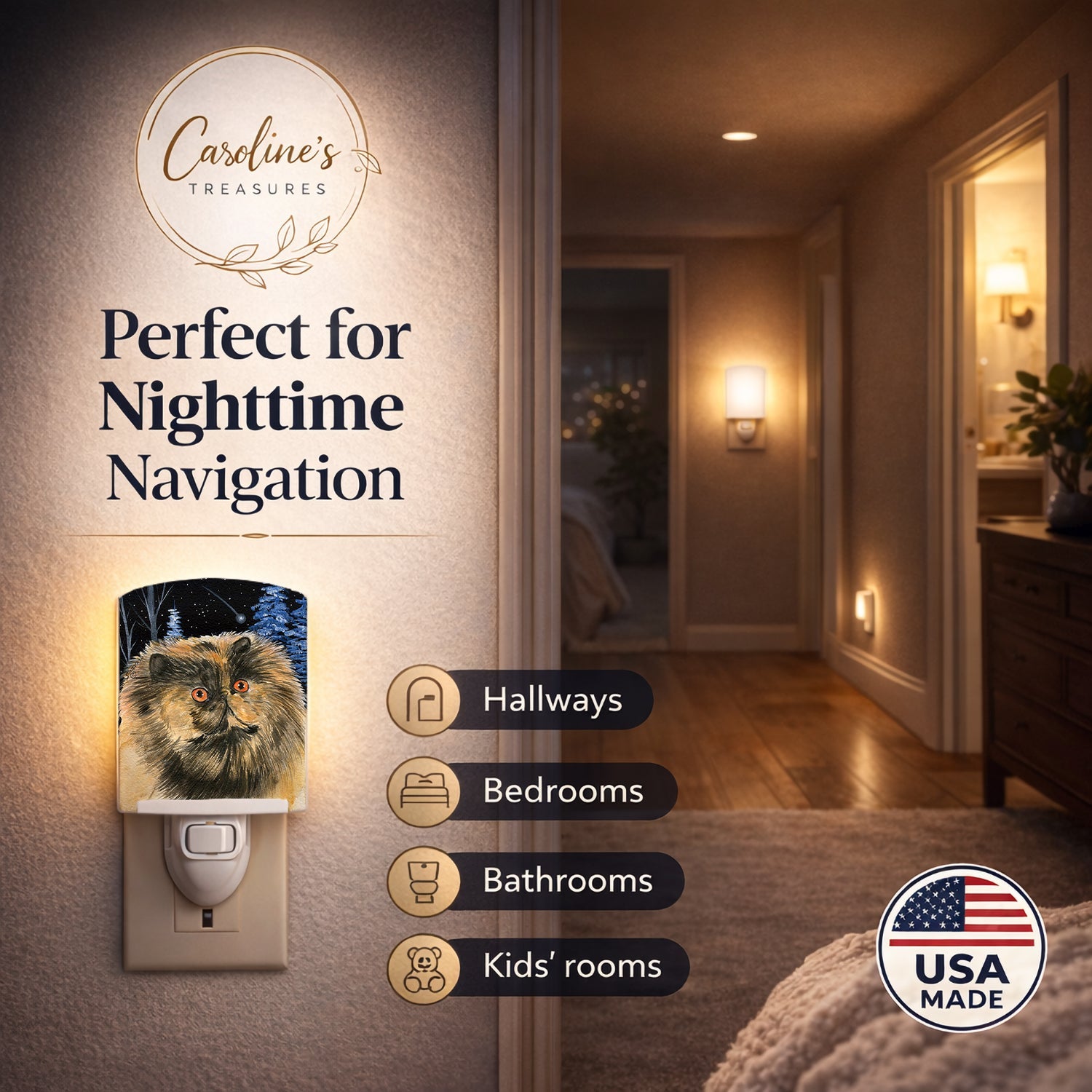 Starry Night Cat - Persian Ceramic Night Light Compact, UL-Certified, Ideal for Bedroom, Bathroom, Nursery, Hallway, Kitchen, 6x4x3, Multicolor