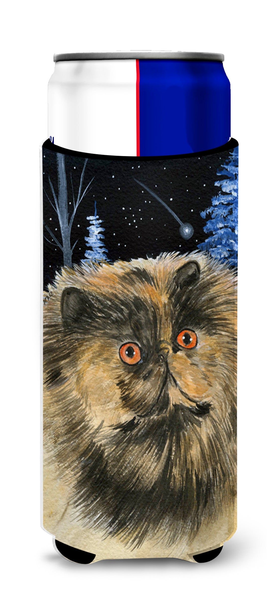 Starry Night Cat - Persian Slim Can Hugger , Insulated Foam Hugger for 12 oz Slim Cans, Beer Bottles & Water Bottles, Printed in USA