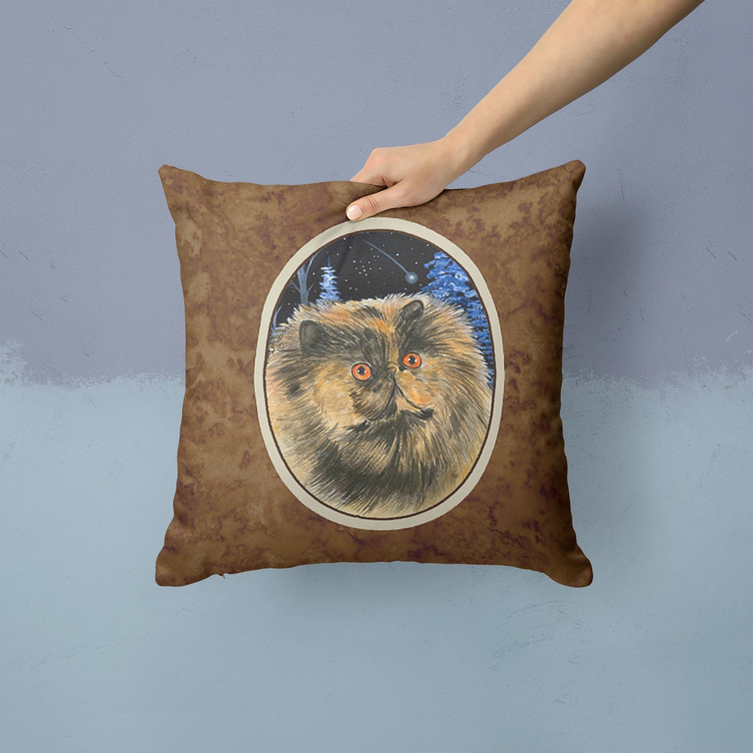 Starry Night Cat - Persian Decorative Throw Pillow 14x14 Indoor Outdoor Accent Cushion, Fabric Cover with Insert for Sofa, Bed, Porch & Living Room