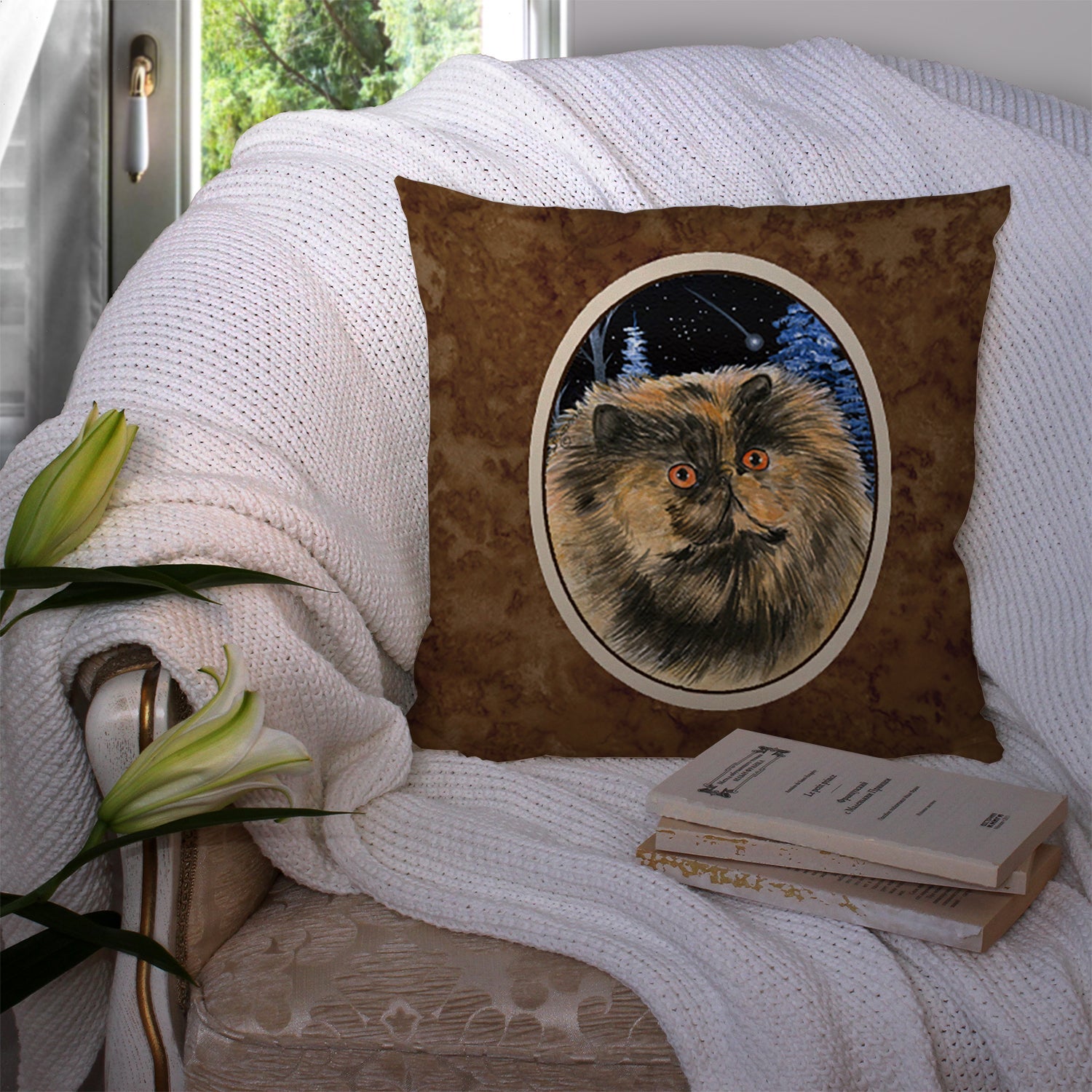 Starry Night Cat - Persian Decorative Throw Pillow 14x14 Indoor Outdoor Accent Cushion, Fabric Cover with Insert for Sofa, Bed, Porch & Living Room