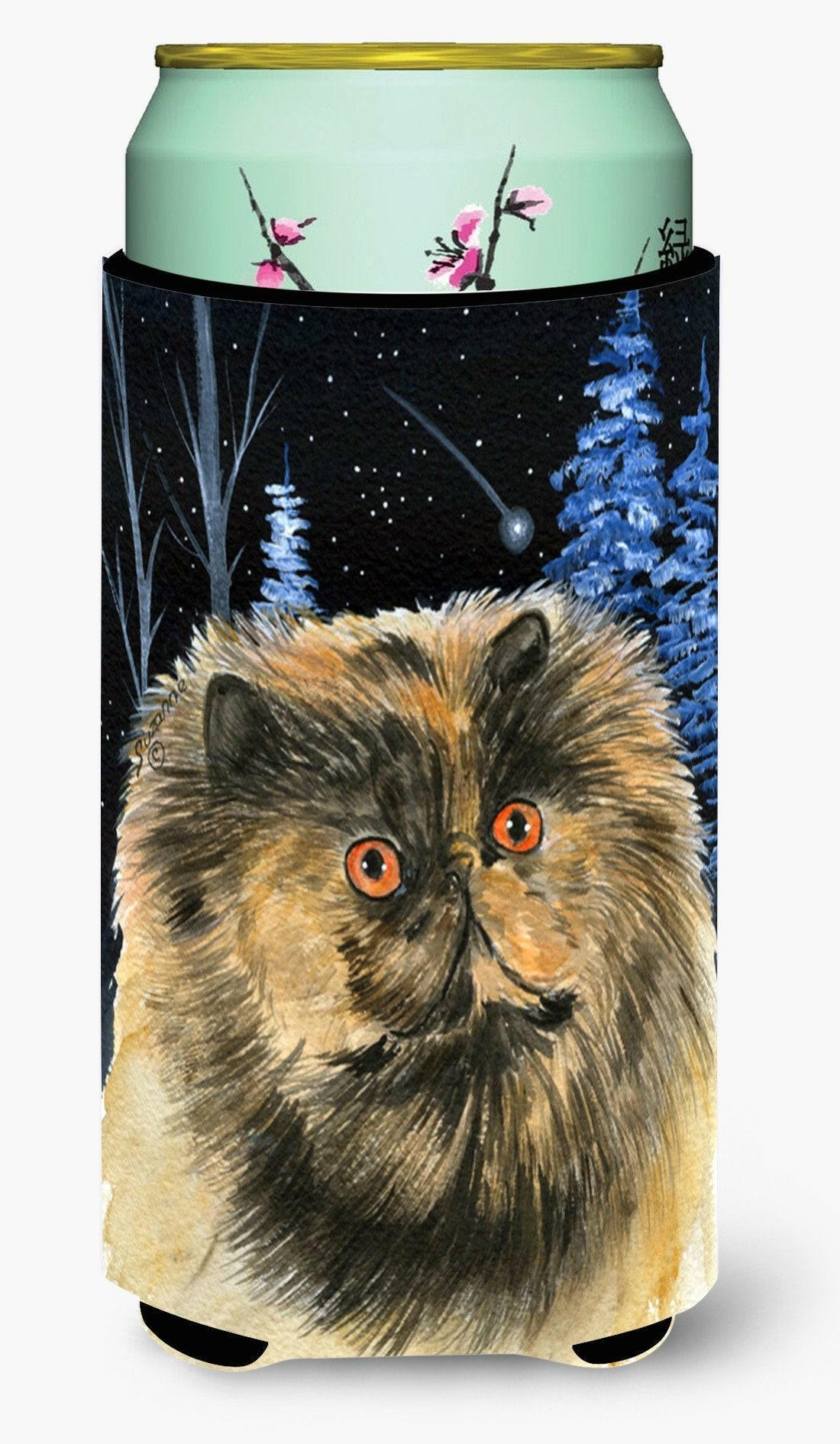 Starry Night Cat - Persian Tall Boy Hugger Can Cooler Sleeve Machine Washable Drink Collapsible Insulator Beverage Insulated Holder