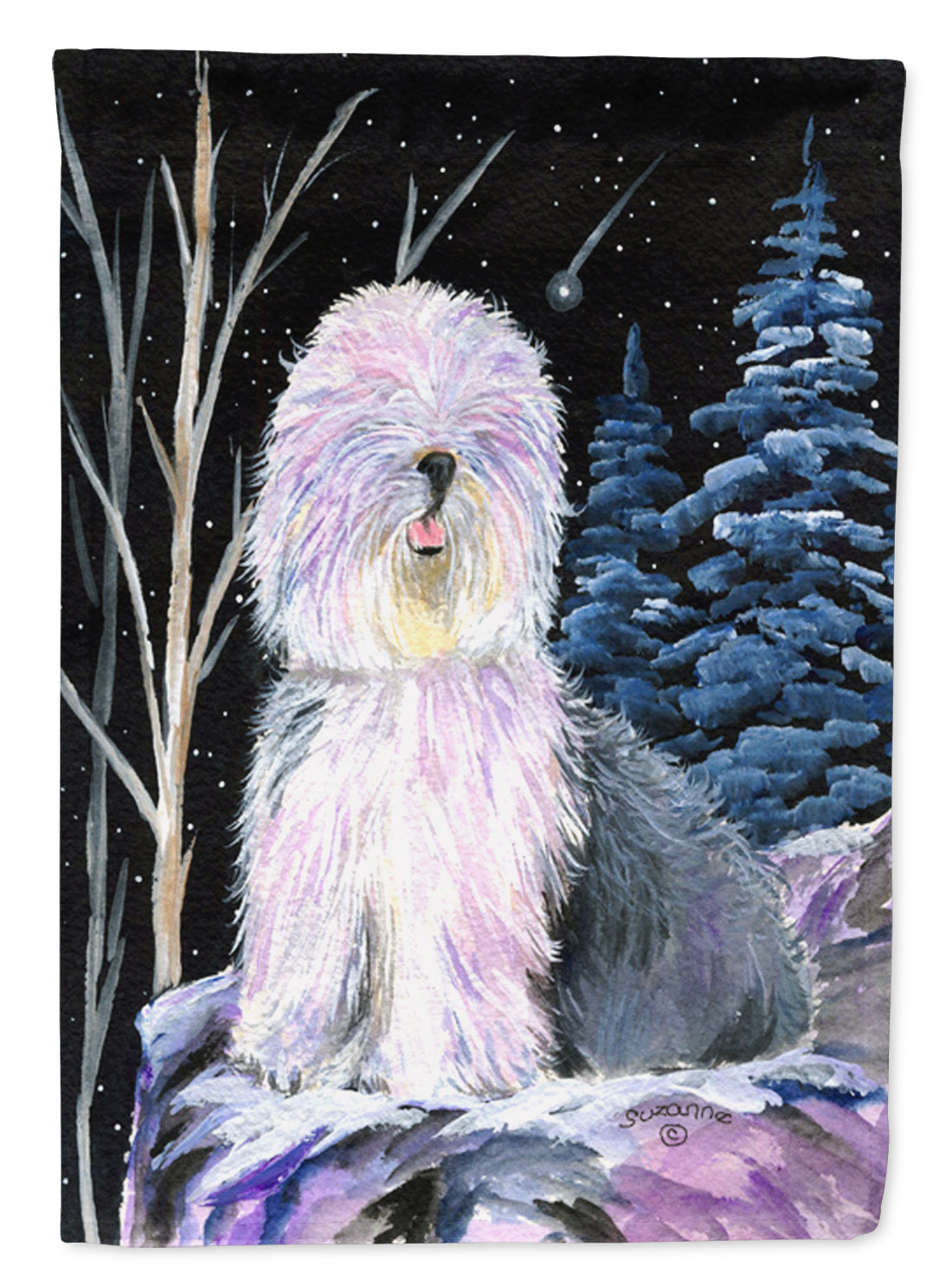 Starry Night Old English Sheepdog House Flag 28x40 Porch Sleeve Pole Decorative Outside Yard Banner Artwork Wall Hanging, Polyester