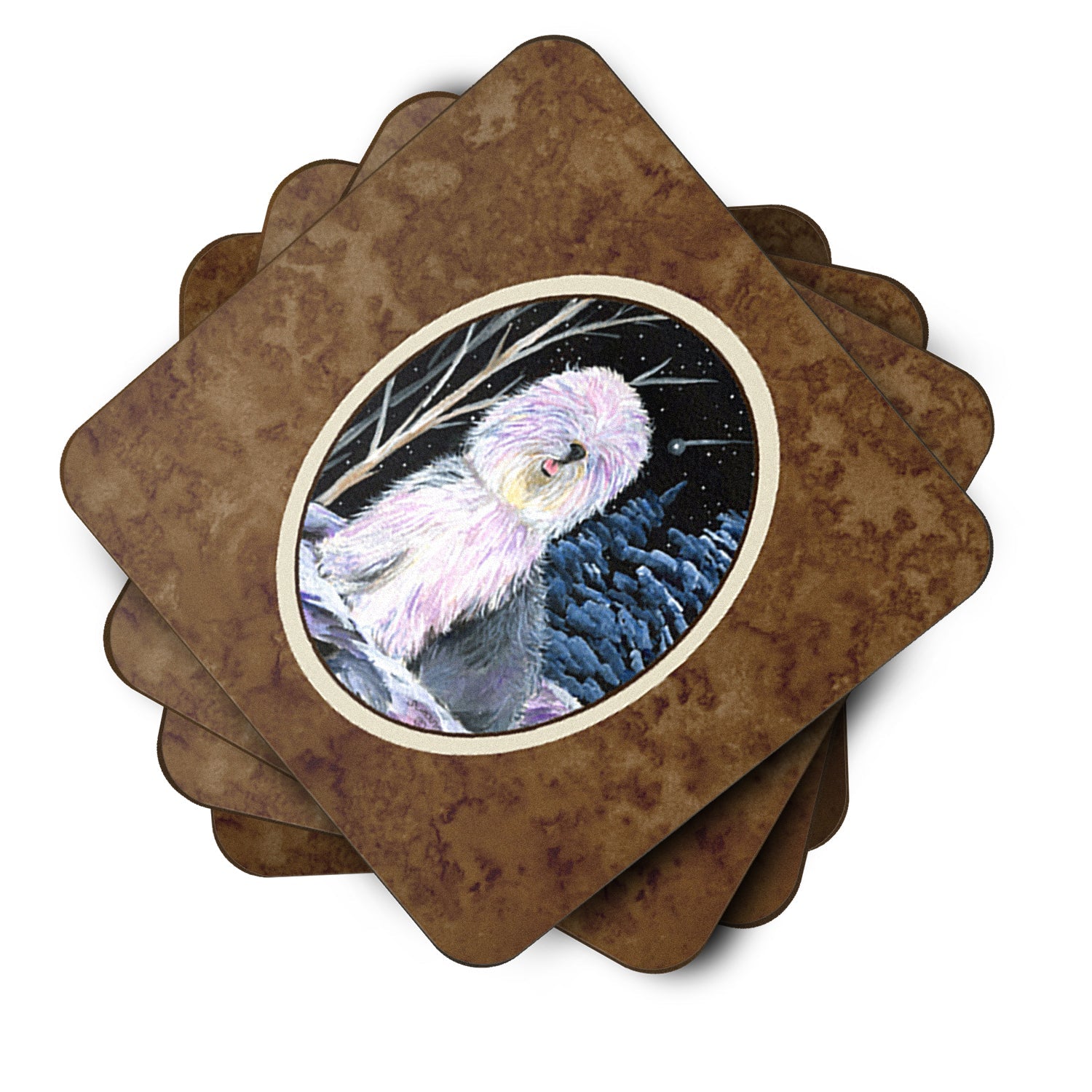 Starry Night Old English Sheepdog Foam Coasters Set of 4 Cup Coasters for Indoor Outdoor, Tabletop Protection, Anti Slip, Mouse pad Material