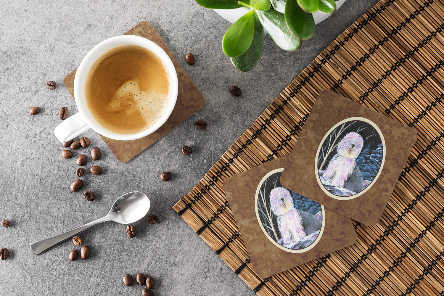 Starry Night Old English Sheepdog Foam Coasters Set of 4 Cup Coasters for Indoor Outdoor, Tabletop Protection, Anti Slip, Mouse pad Material