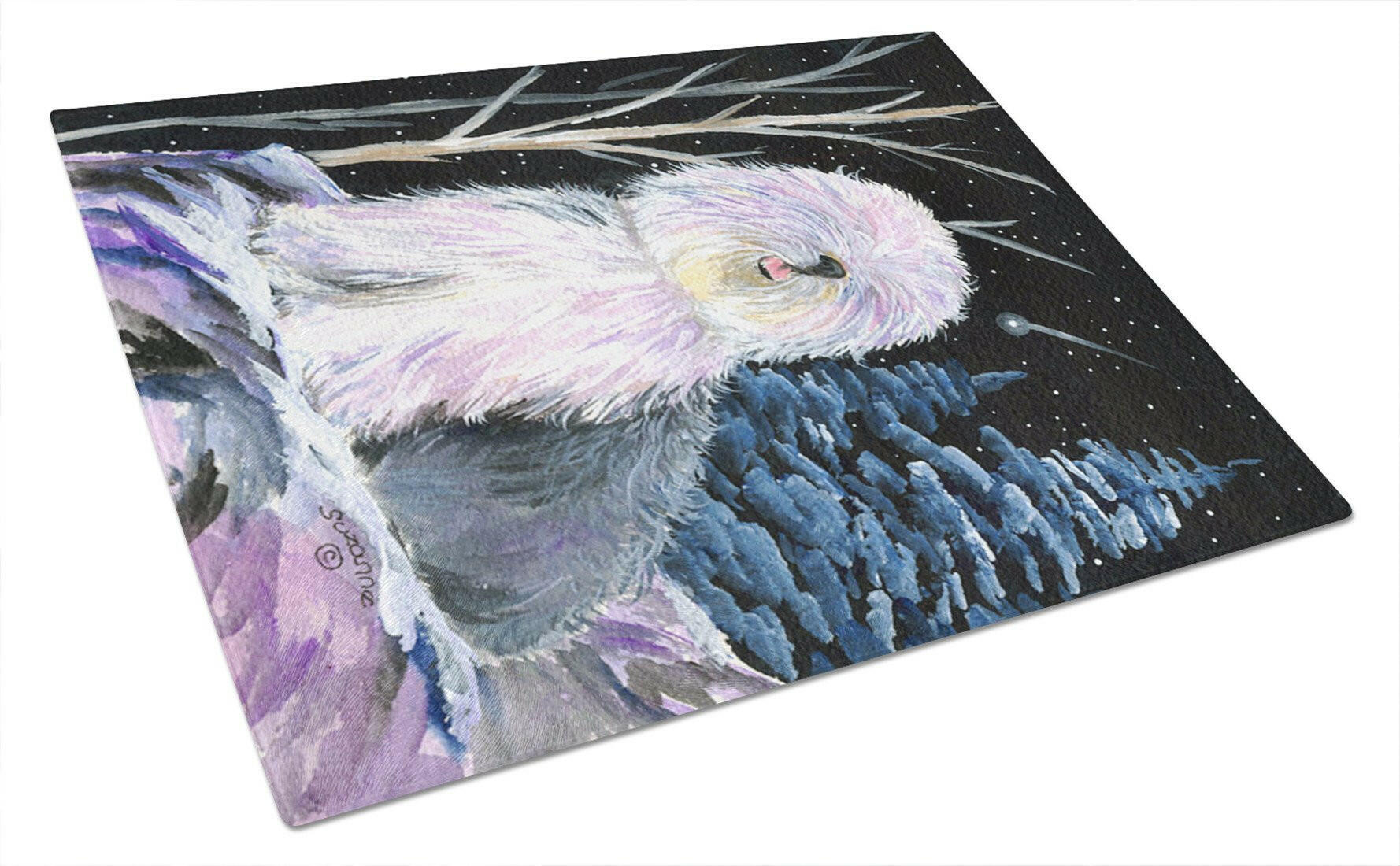Starry Night Old English Sheepdog Cutting Board Tempered Glass Kitchen Cutting Surface, Heat Resistant Chopping, Non-Slip Feet, Food Prep & Serving