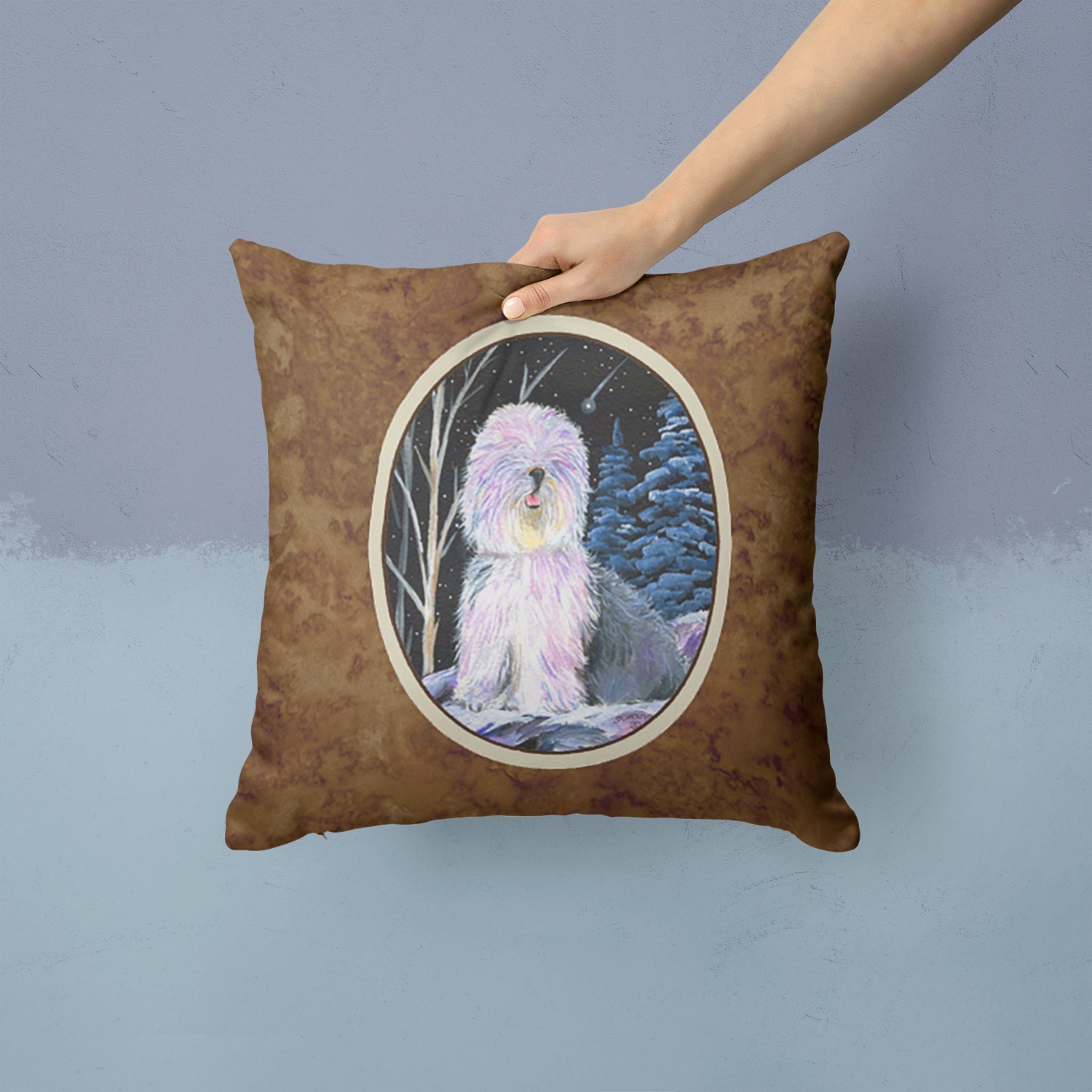 Starry Night Old English Sheepdog Decorative Throw Pillow 14x14 Indoor Outdoor Accent Cushion, Fabric Cover with Insert for Sofa, Bed, Porch & Living Room