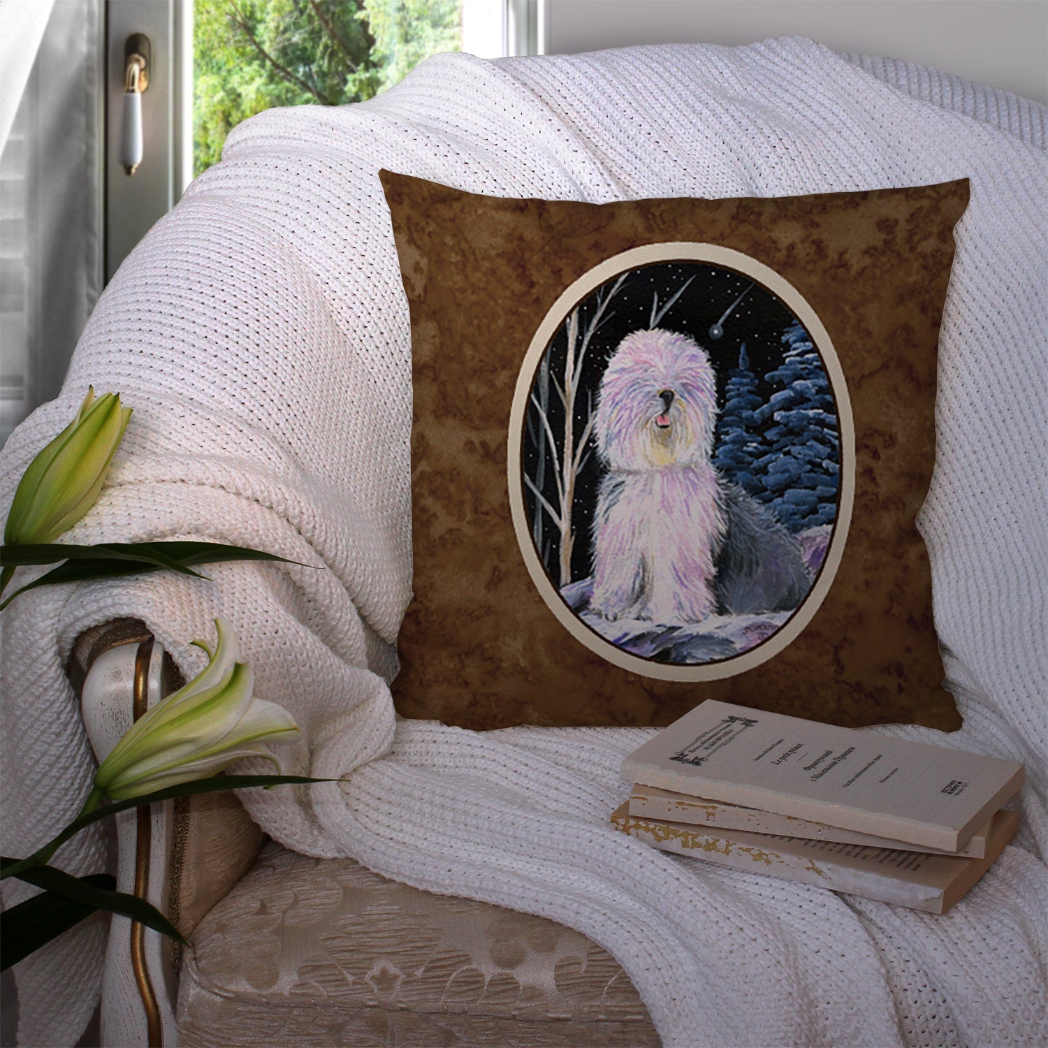 Starry Night Old English Sheepdog Decorative Throw Pillow 14x14 Indoor Outdoor Accent Cushion, Fabric Cover with Insert for Sofa, Bed, Porch & Living Room